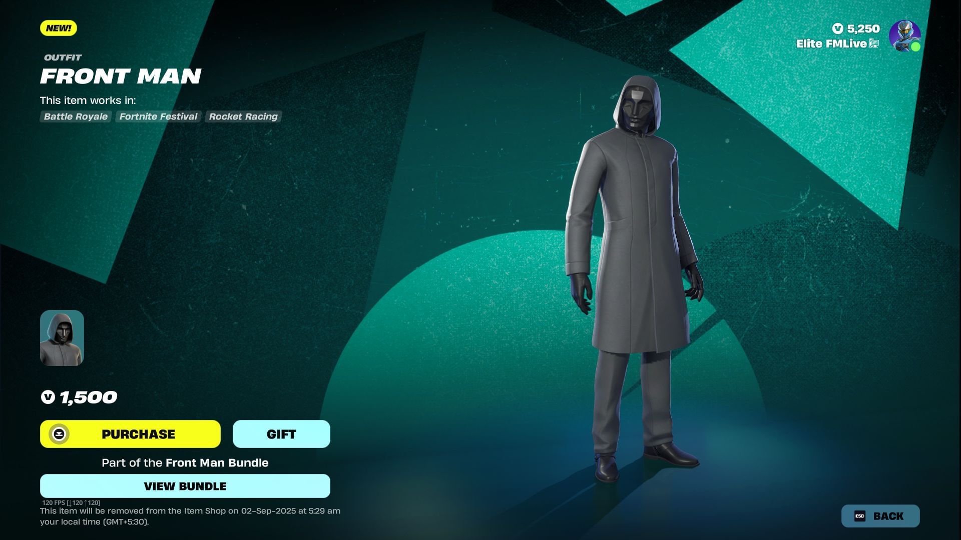The Squid Game Front Man skin in Fortnite will remain listed in the Item Shop until September 2, 2025 (Image via Sportskeeda Gaming || Epic Games)