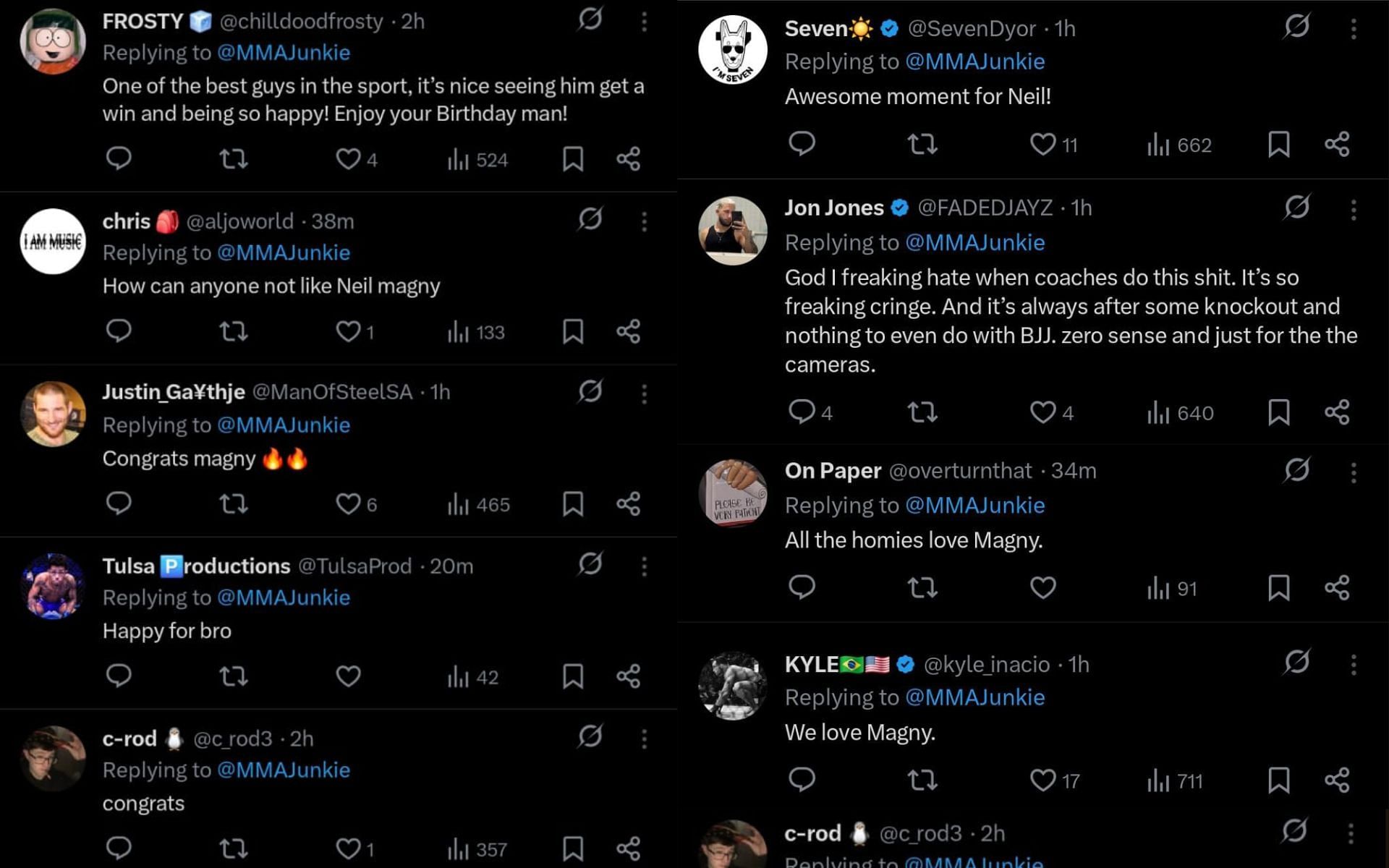 Fans&#039; reaction to Neil Magny receiving a black belt after UFC Vegas 108 win. [Screenshots courtesy: @MMAJunkie on X]