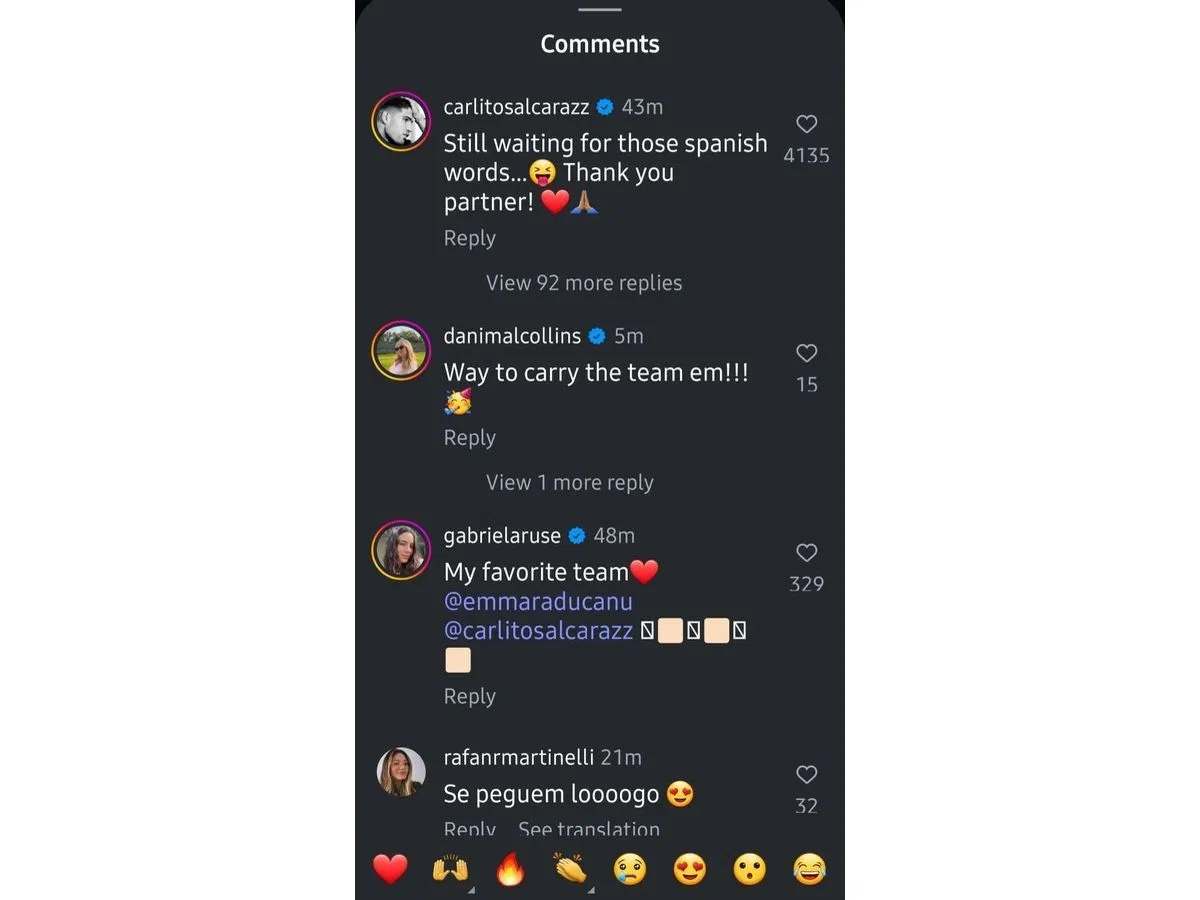 Collins&#039; comment on Instagram | Source: IG/@emmaraducanu