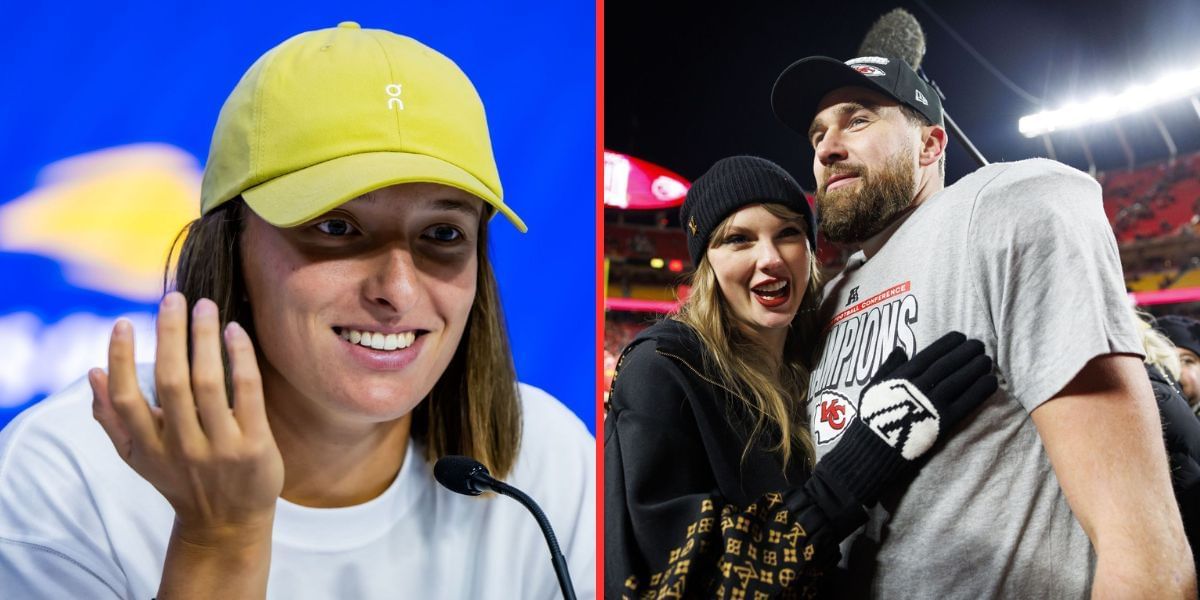 Iga Swiatek (left), Taylor Swift and Travis Kelce (right), Sources: Getty