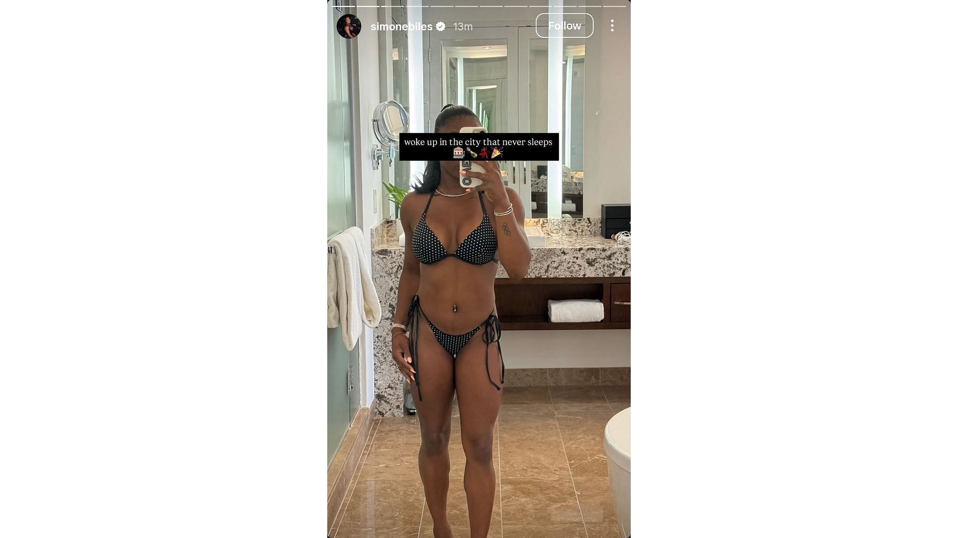 Screenshot of Biles&#039; story featuring her glimpse in the polka dot swimwear (Image via: @simonebiles)