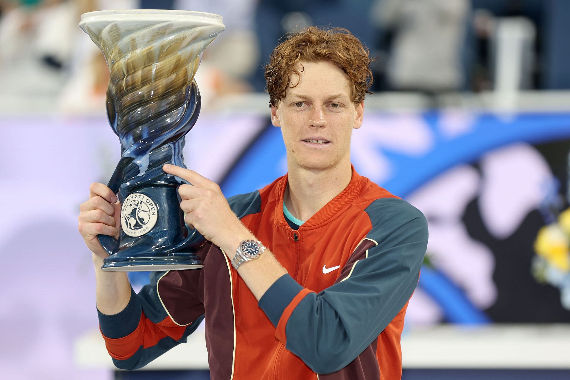 Jannik Sinner of Italy poses with the Rookwood Cup at the Cincinnati Open at the Lindner Family Tennis Center in Mason, Ohio. (Photo by Getty Images)