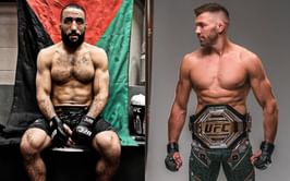 Belal Muhammad reacts as Dricus du Plessis gets booed by the crowd at UFC 319 pre-fight presser