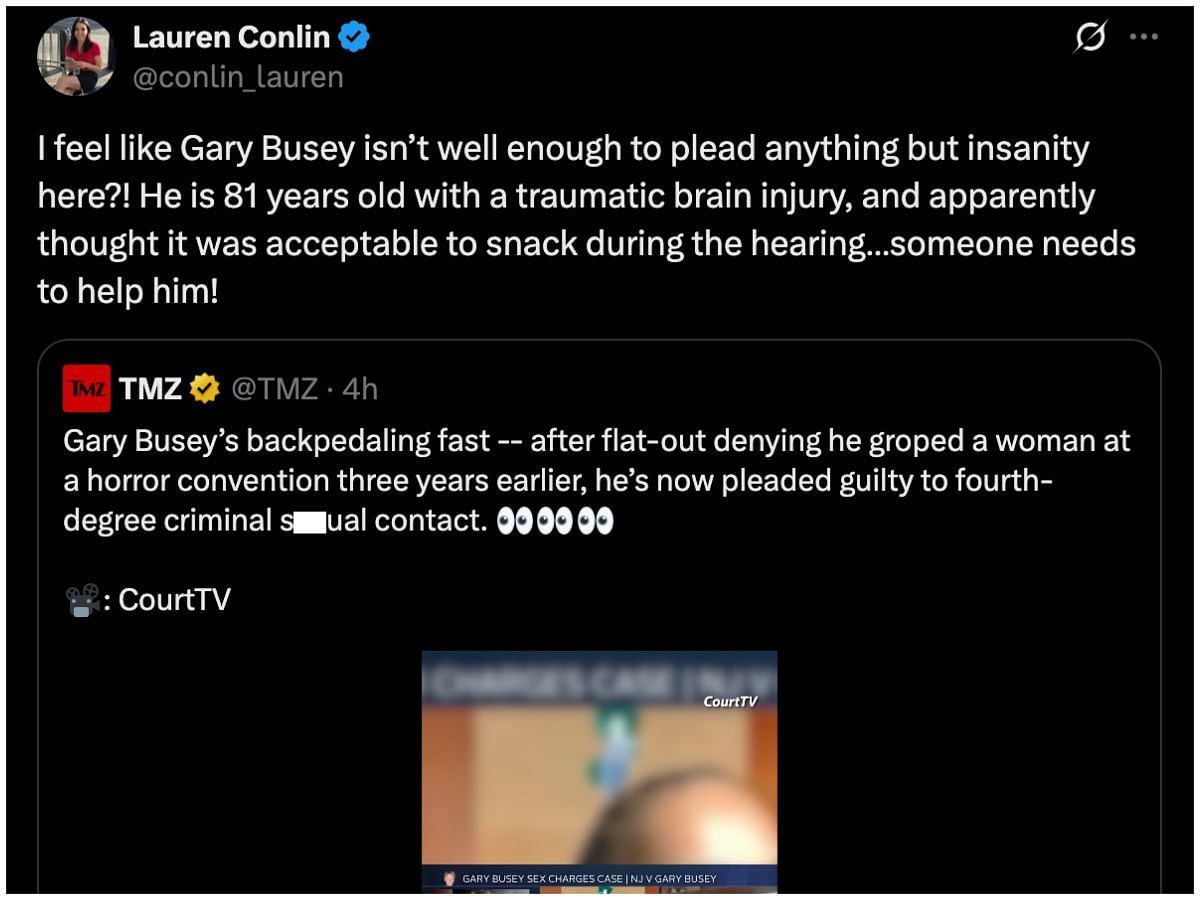 Lauren Conlin&#039;s tweet on Gary Busey (Image via X/@conlin_lauren)