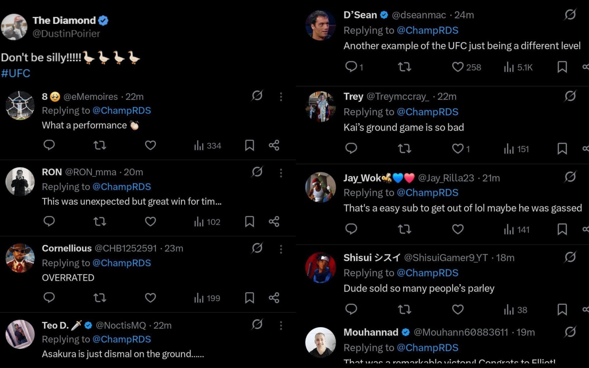 Fans&#039; reaction to Kai Asakura&#039;s defeat at UFC 319 against veteran Tim Elliott [Screenshots courtesy: @ChampRDS on X]