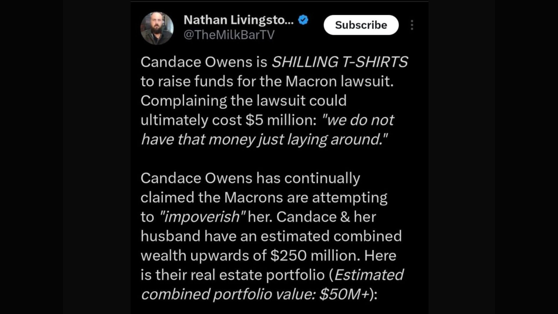 Nathan Livingstone details Candace Owens&#039;s real estate portfolio ( Image via X/@TheMilkBarTV)