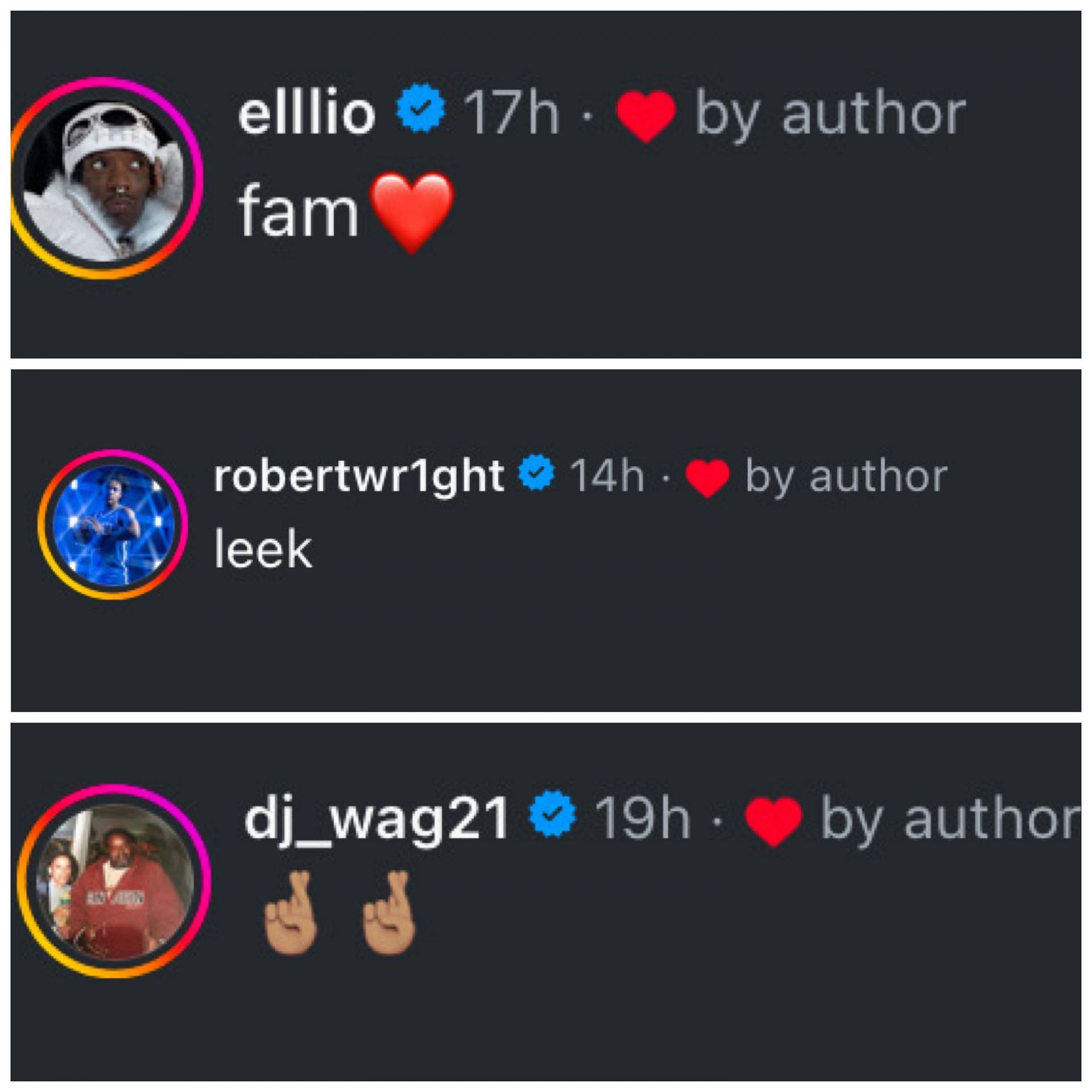 Elliot Cadeau, Robert Wright and DJ Wagner comment on Meleek Thomas&#039; IG post. Image via @leek
