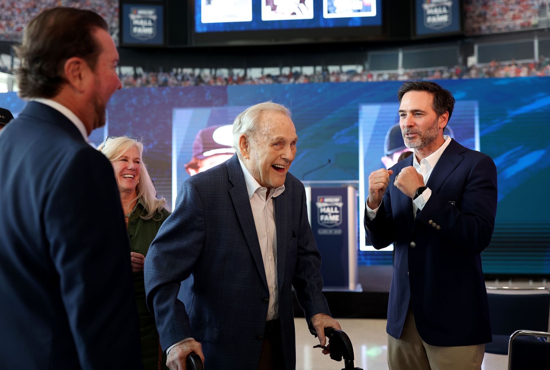 (L-R) Kurt Busch, Humpy Wheeler, and Jimmie Johnson during the 2025 NASCAR Hall of Fame. Source: Getty