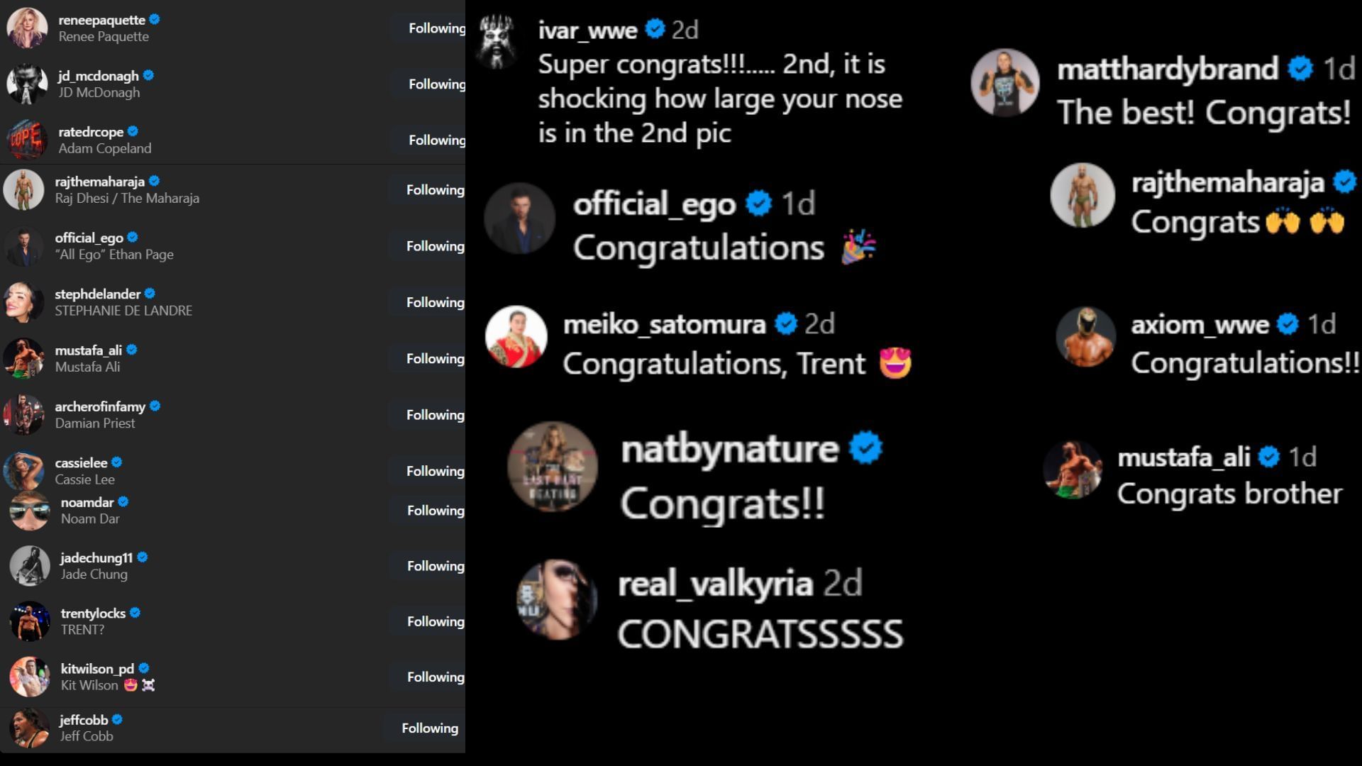 Screenshots of stars&#039; likes and comments [Image credit: Trent Seven&#039;s Instagram]