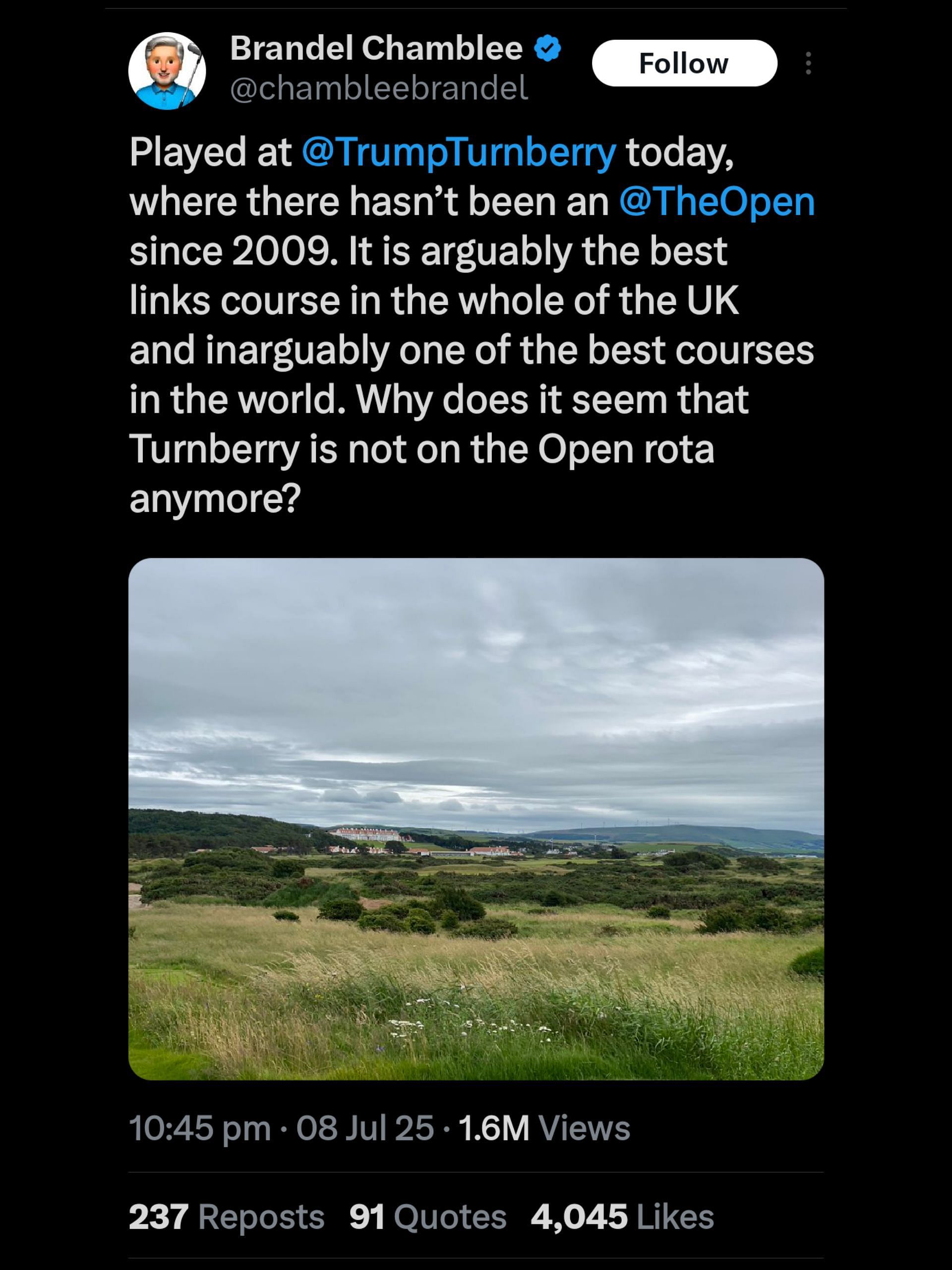 Screenshot from Chamblee&#039;s post regarding Trump Turnberry / @chambleebrandel on X