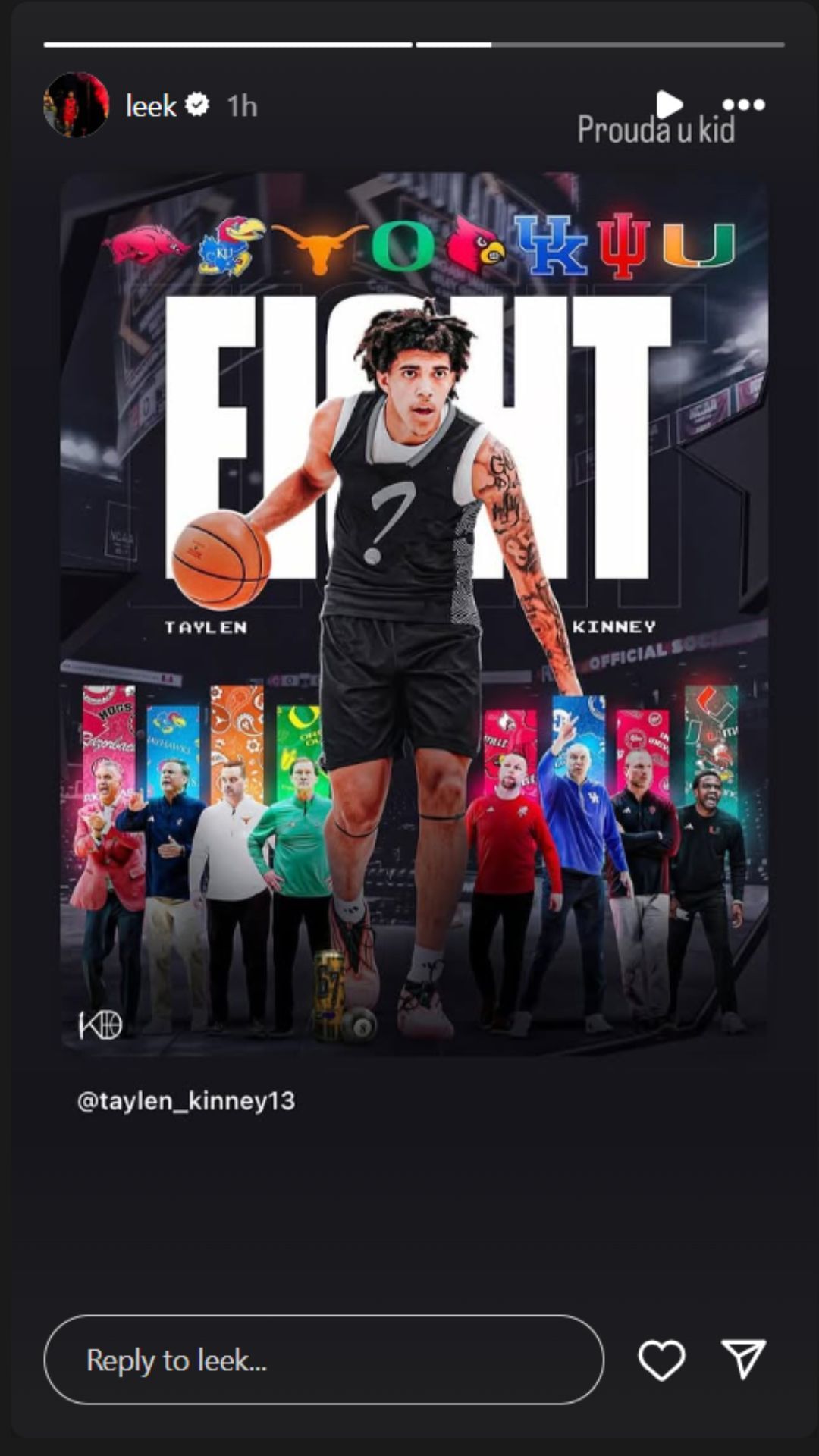 Thomas Meleek shares Taylen Kinney&#039;s final eight list on IG story. Image via @leek