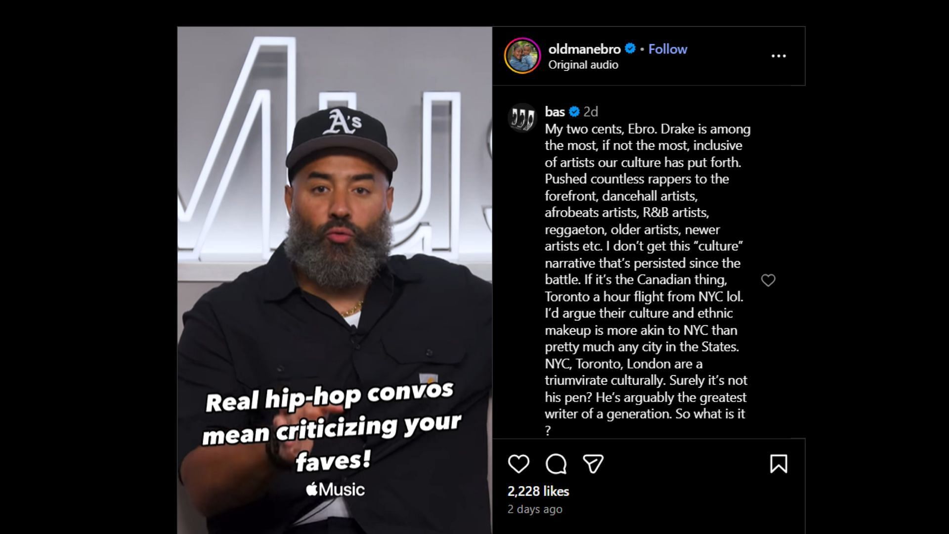 Bas&#039; comments on Ebro&#039;s Instagram post (Image via Instagram/@oldmanebro)