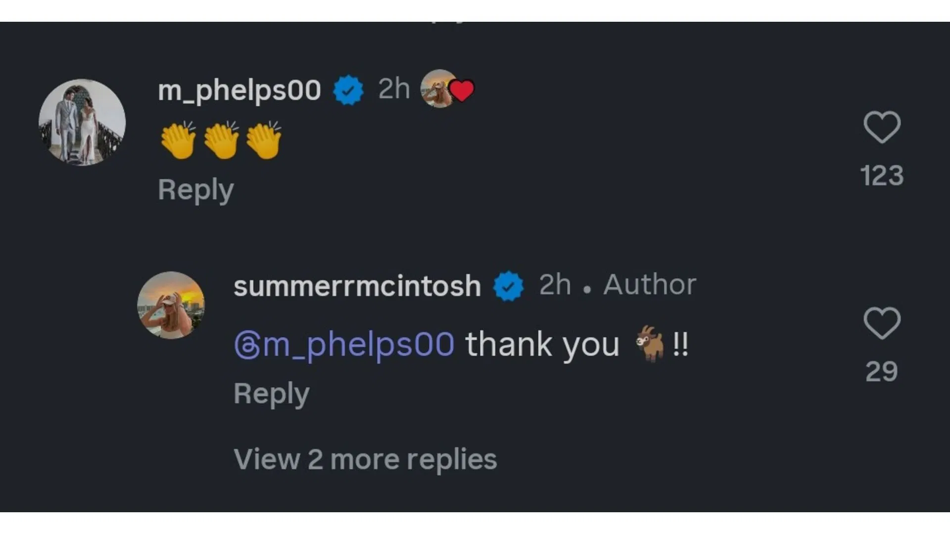 Screenshot of the comments by Summer McIntosh and Phelps (Image via: @summerrmcintosh on IG)