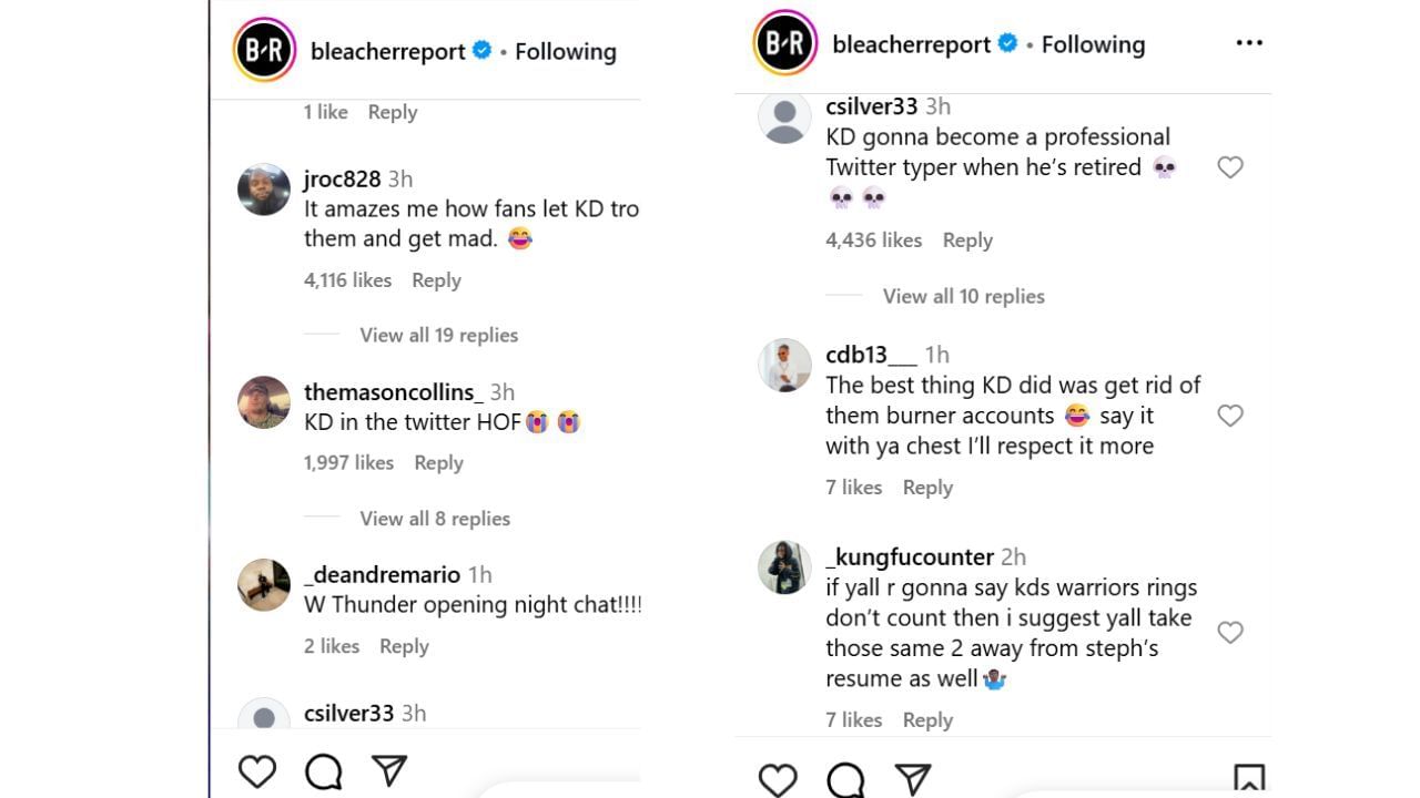 Reactions to Durant cooking trollers on Instagram. [photo: @bleacherreport/IG]