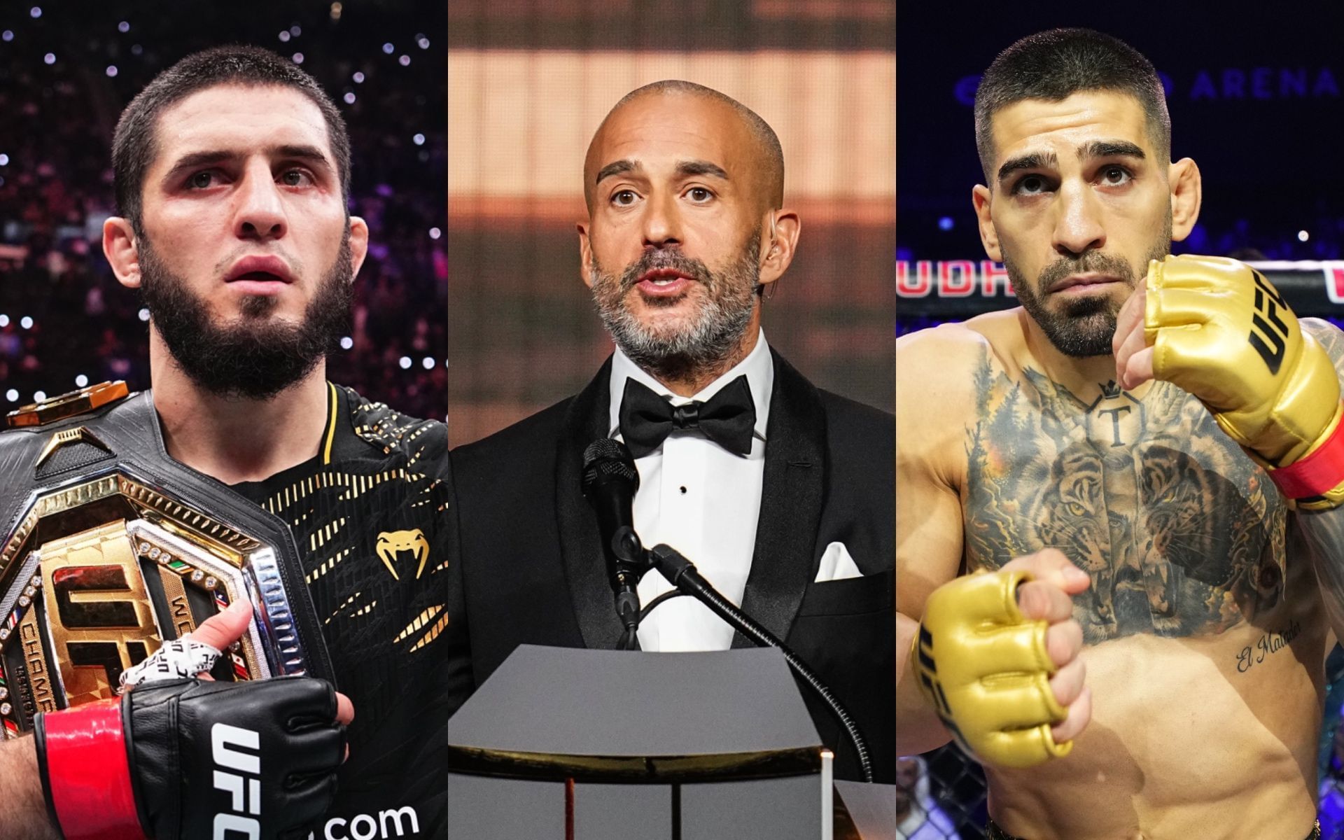 Jon Anik (middle) on potential Ilia Topuria (right) vs. Islam Makhacev (left) fight. [Image courtesy: Getty Images]
