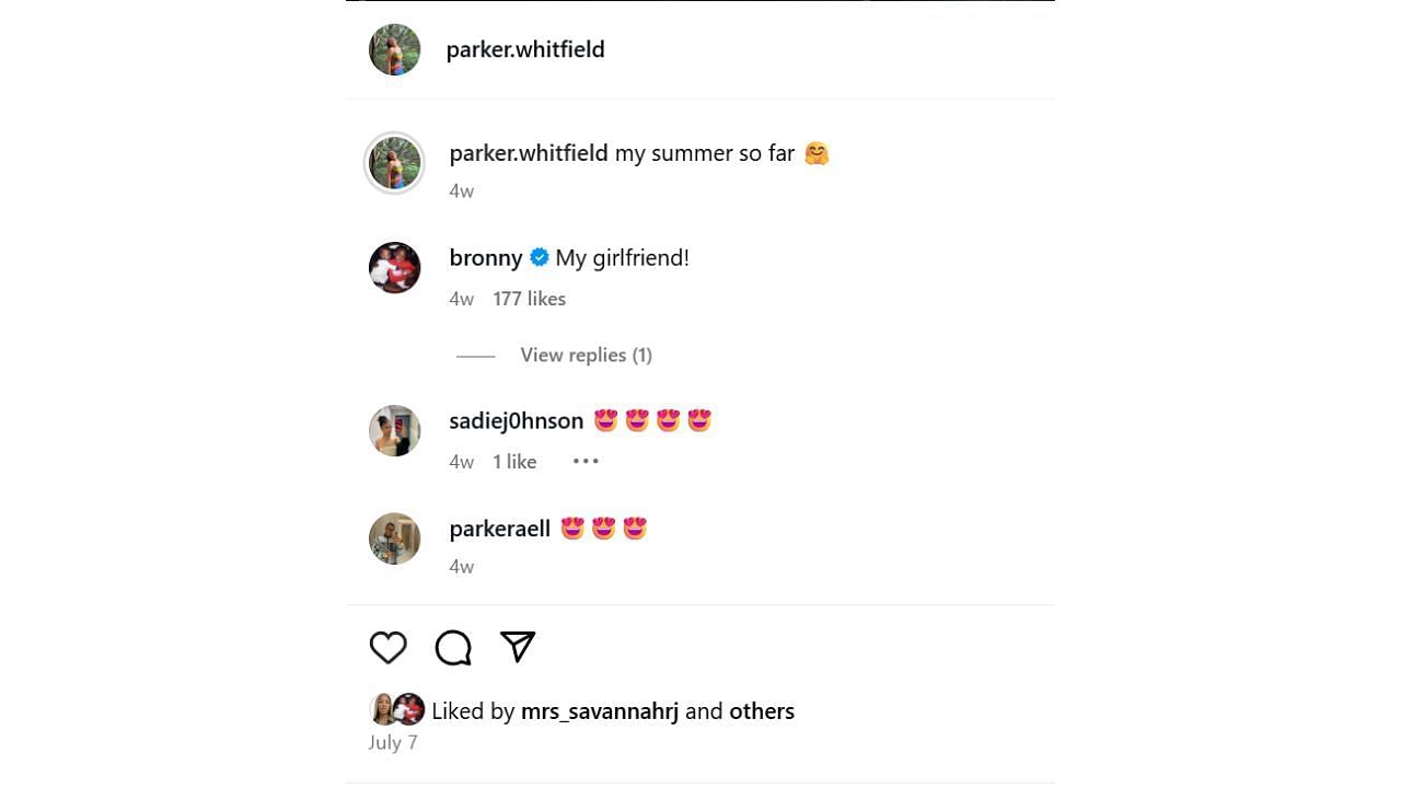 Bronny James&#039; reaction to Parker Whitfield&#039;s summer photos a month ago. [photo: @parker.whitfield/IG]