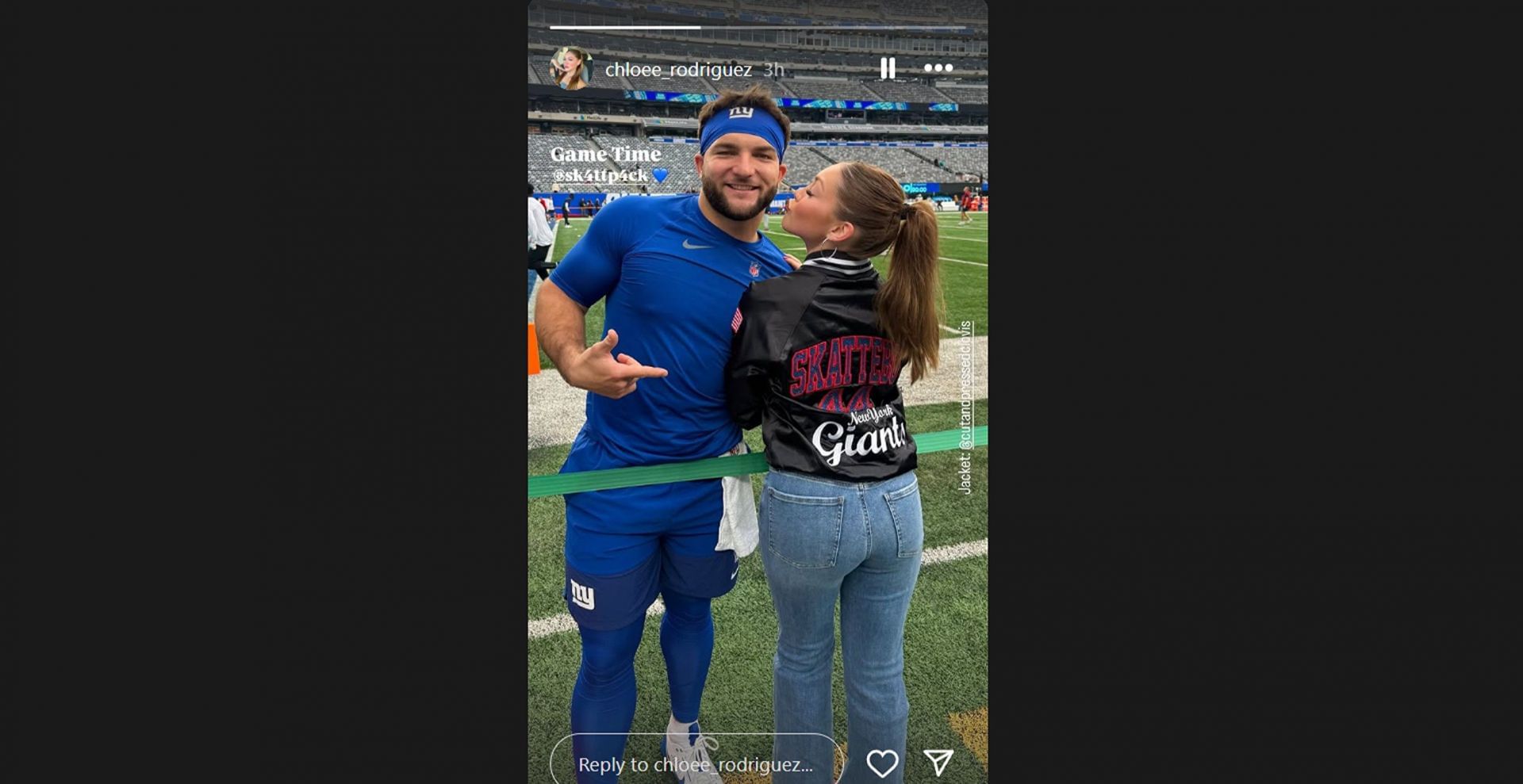Skattebo&rsquo;s girlfriend Chlore Rodriguez rocks custom Giants bomber jacket in preseason game/@chloee_rodriguez