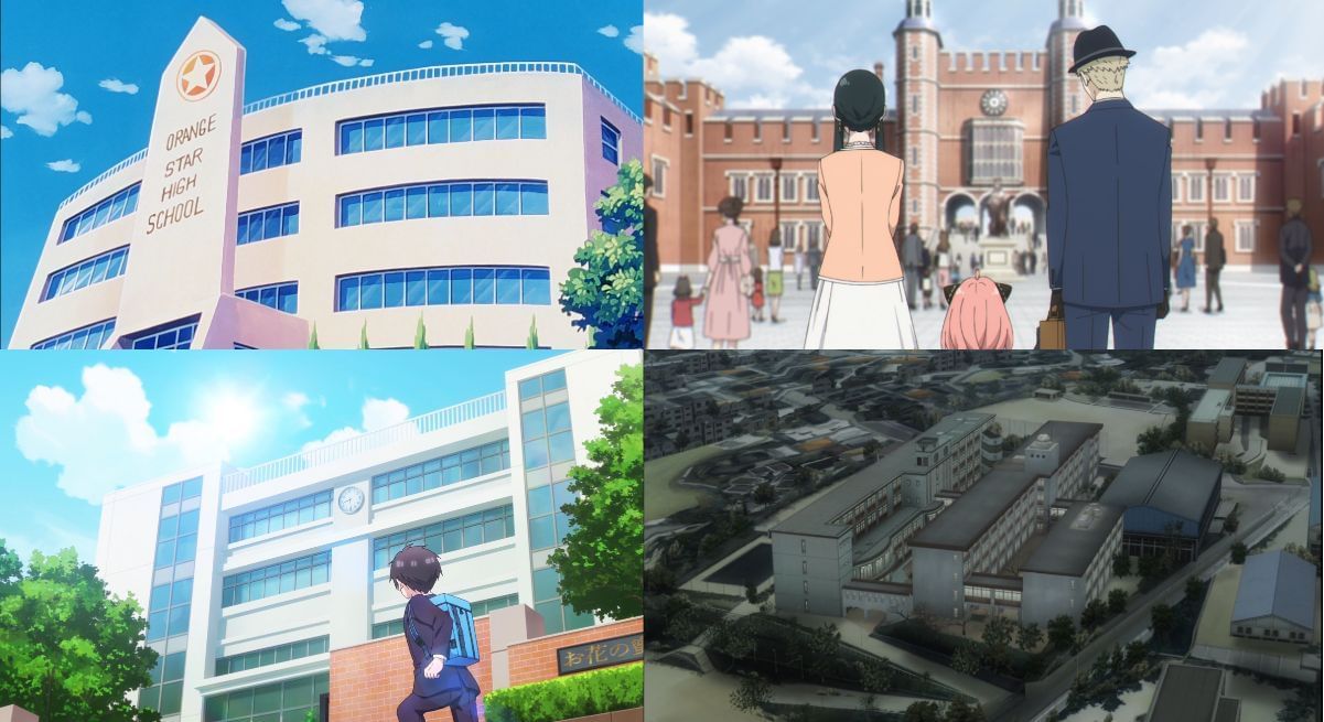 Examples of anime schools in extraordinary worlds (Image via Toei Animation, Cloverworks, Bibury Animation Studio, Kyoto Animation)