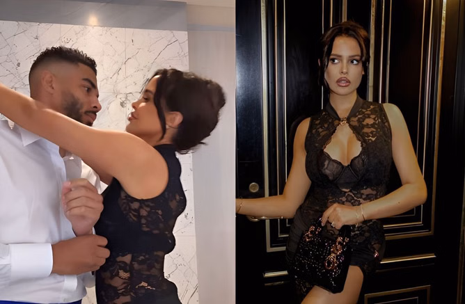 In Photos: Evander Kane's fiancée Mara Teigen turns heads in Paris with glamorous black slit dress