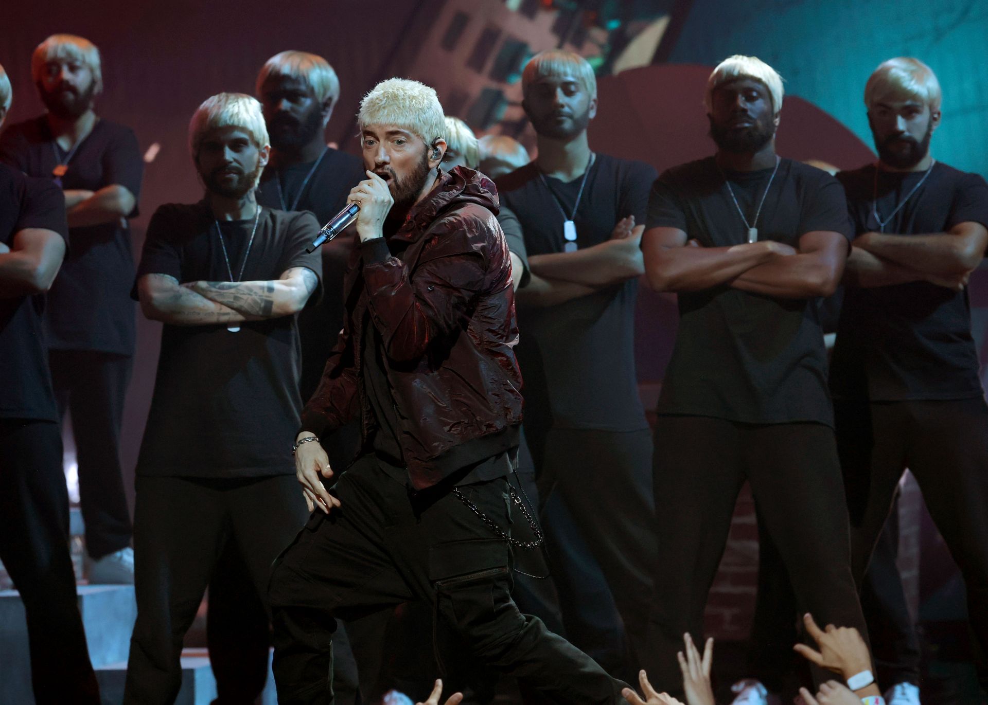 Eminem performs on stage at the 2024 VMAs (Image via Getty)