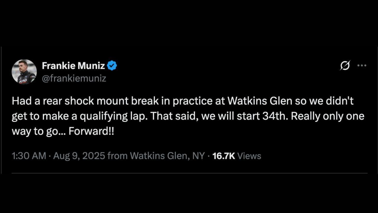 Frankie Muniz shares update after practice setback at Watkins Glen. Source:@X/frankiemuniz