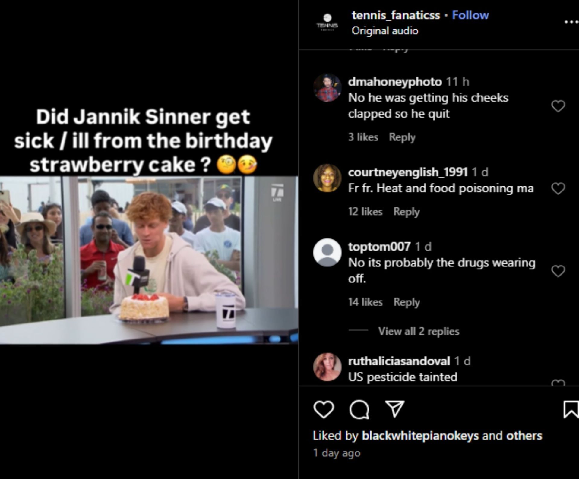 Fan comment about Sinner&#039;s health; Instagram - @tennis_fanatics