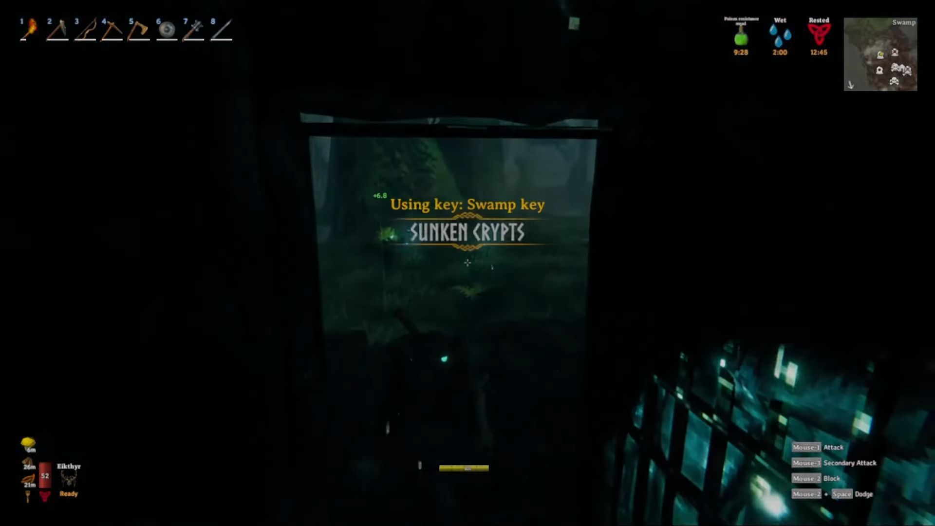 Use the Swamp Key to enter Sunken Crypts (Image via Coffee Stain Publishing | YouTube/Quicksand Riggs)