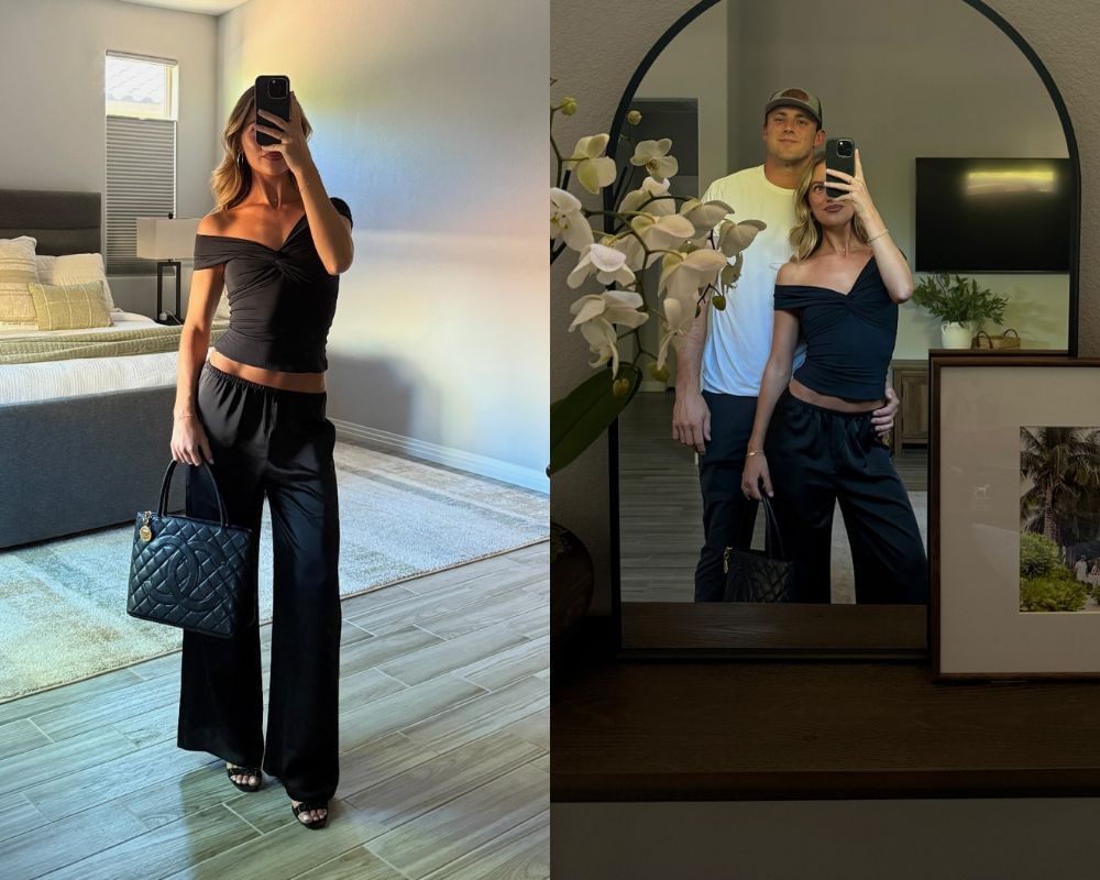 Brock Bowers&rsquo; GF Cameron Rose nails date night look in sleek black off-shoulder outfit [IG/@cameronrnewell]