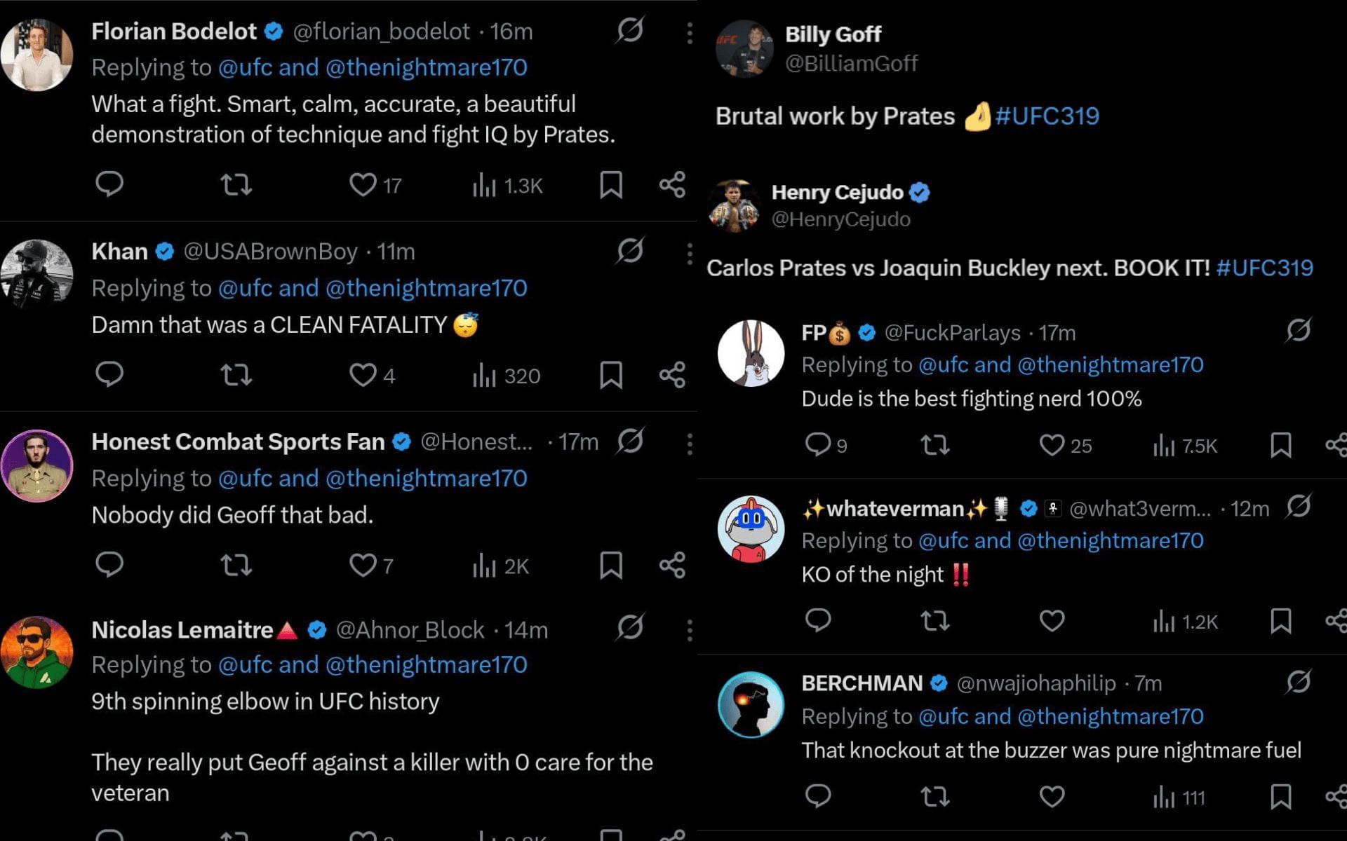 Fans&#039; reaction to Carlos Prates&#039; victory at UFC 319 [Screenshots courtesy: @ufc on X]