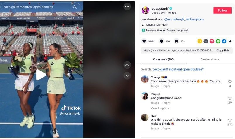 Screenshot of Coco Gauff&#039;s TikTok post | Source: TikTok/@cocogauff