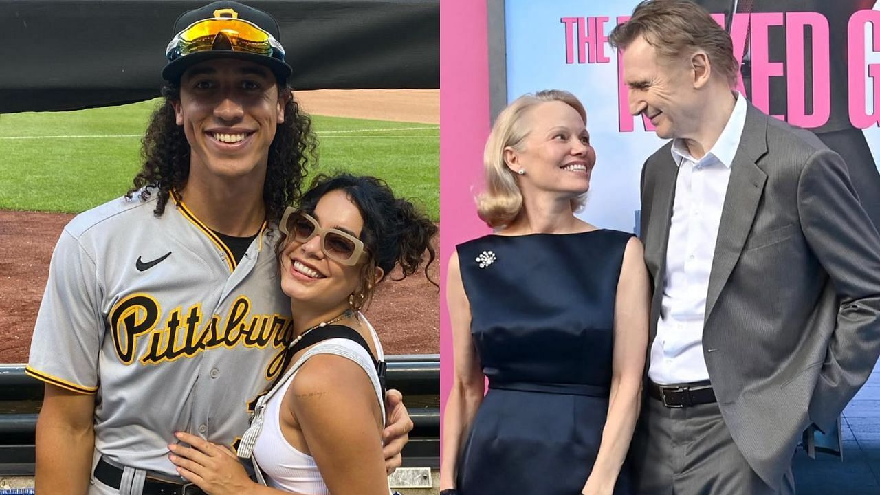Cole Tucker with Vanessa Hudgens (L), Liam Neeson with Pamela Anderson (R) (Images from - Instagram.com/@cotuck, Instagram.com/@pamelaanderson)