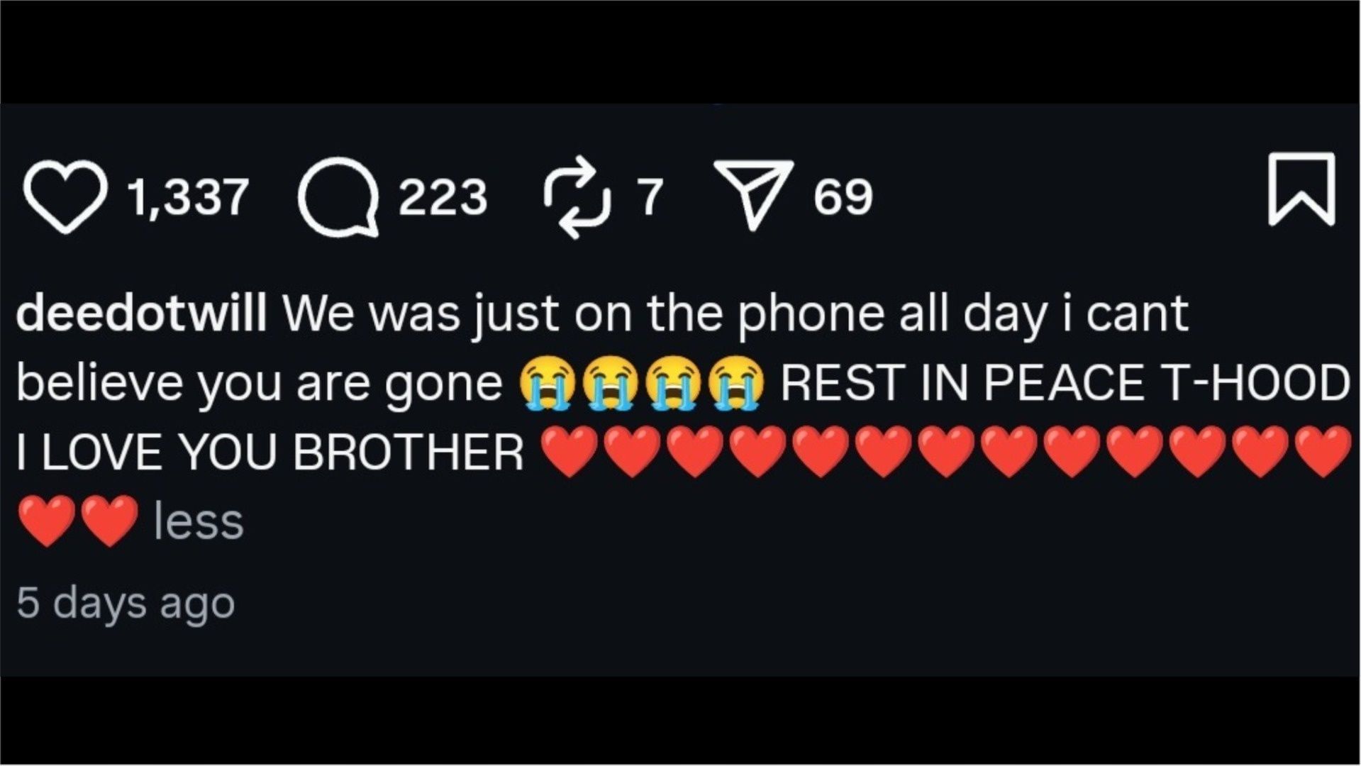 Music producer paid tribute to T-Hood (Photo via Instagram/@deedotwill)
