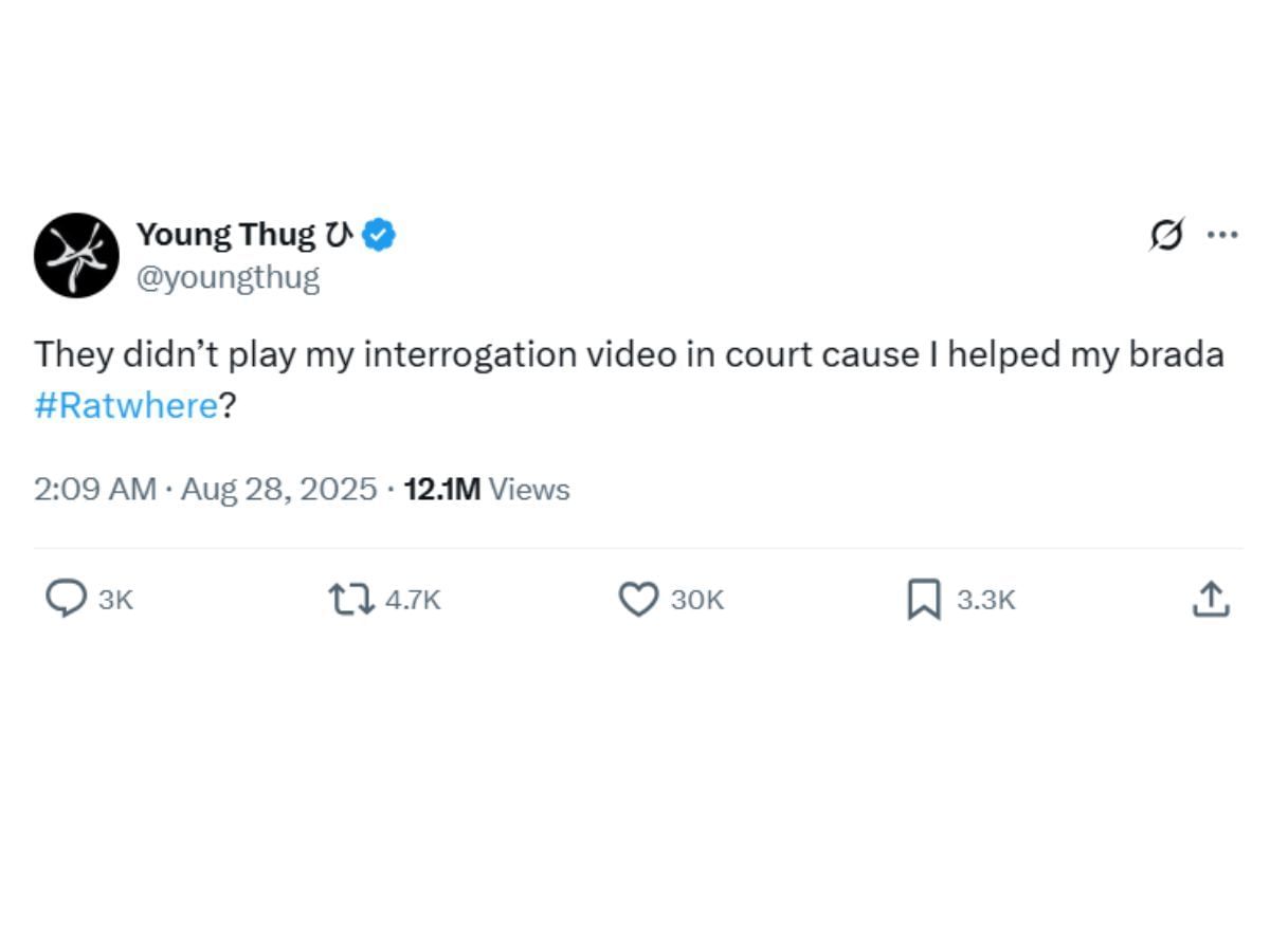 Thug&#039;s tweet clarifying snitching allegations (Image via X/ @youngthug)