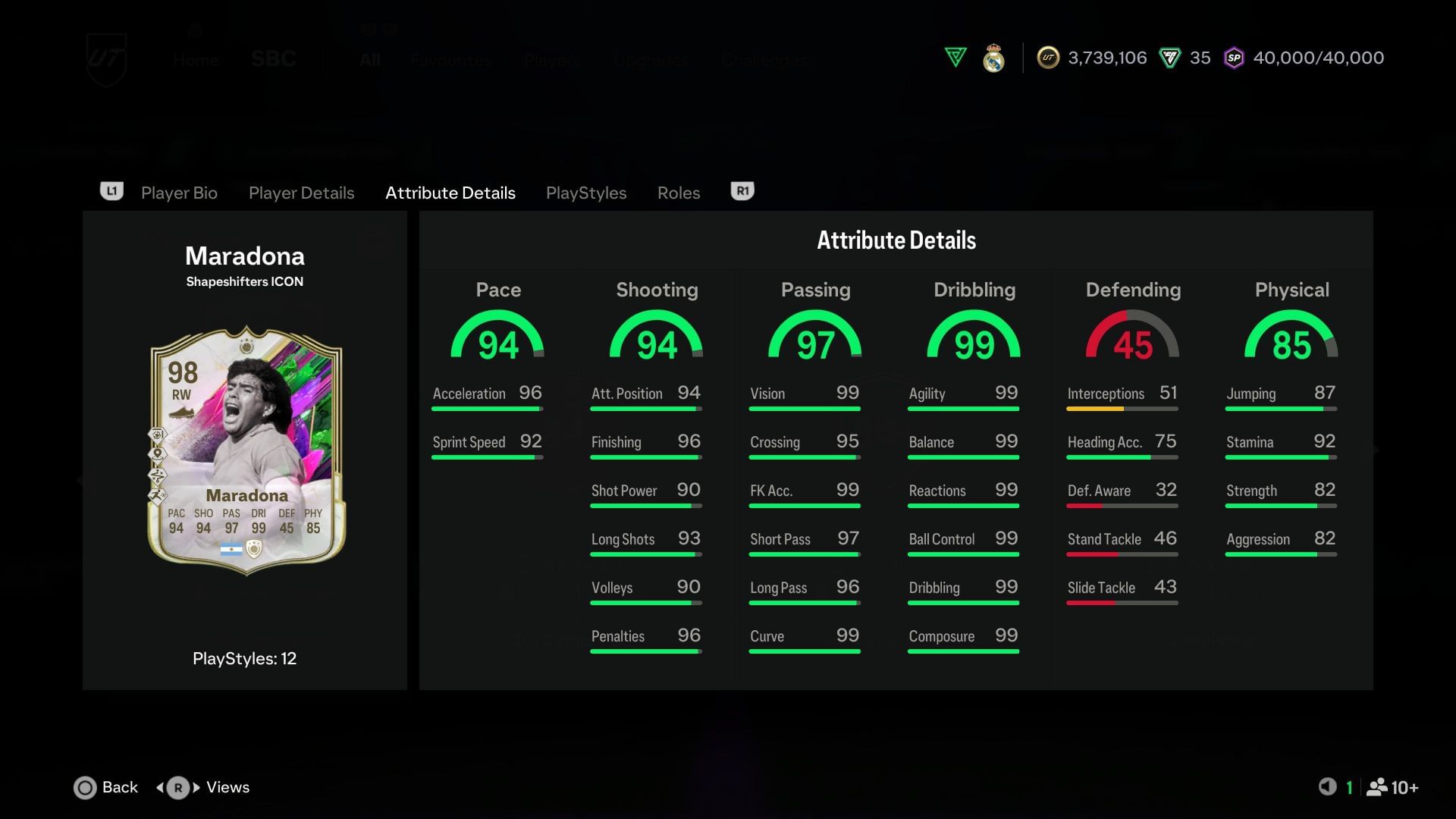 The stats for this Diego Maradona Shapeshifters Icon SBC (Image via EA Sports)
