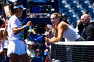 Raducanu and Sabalenka during a practice session - 2025 US Open - Previews - Source: Getty