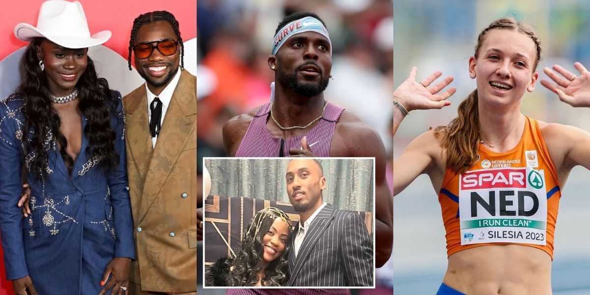 Noah Lyles and fiancee (L), Kenny Bednarek (C) and Femke Bol (R) react to Matthew Hudson-Smith and wife (Bottom-Center)