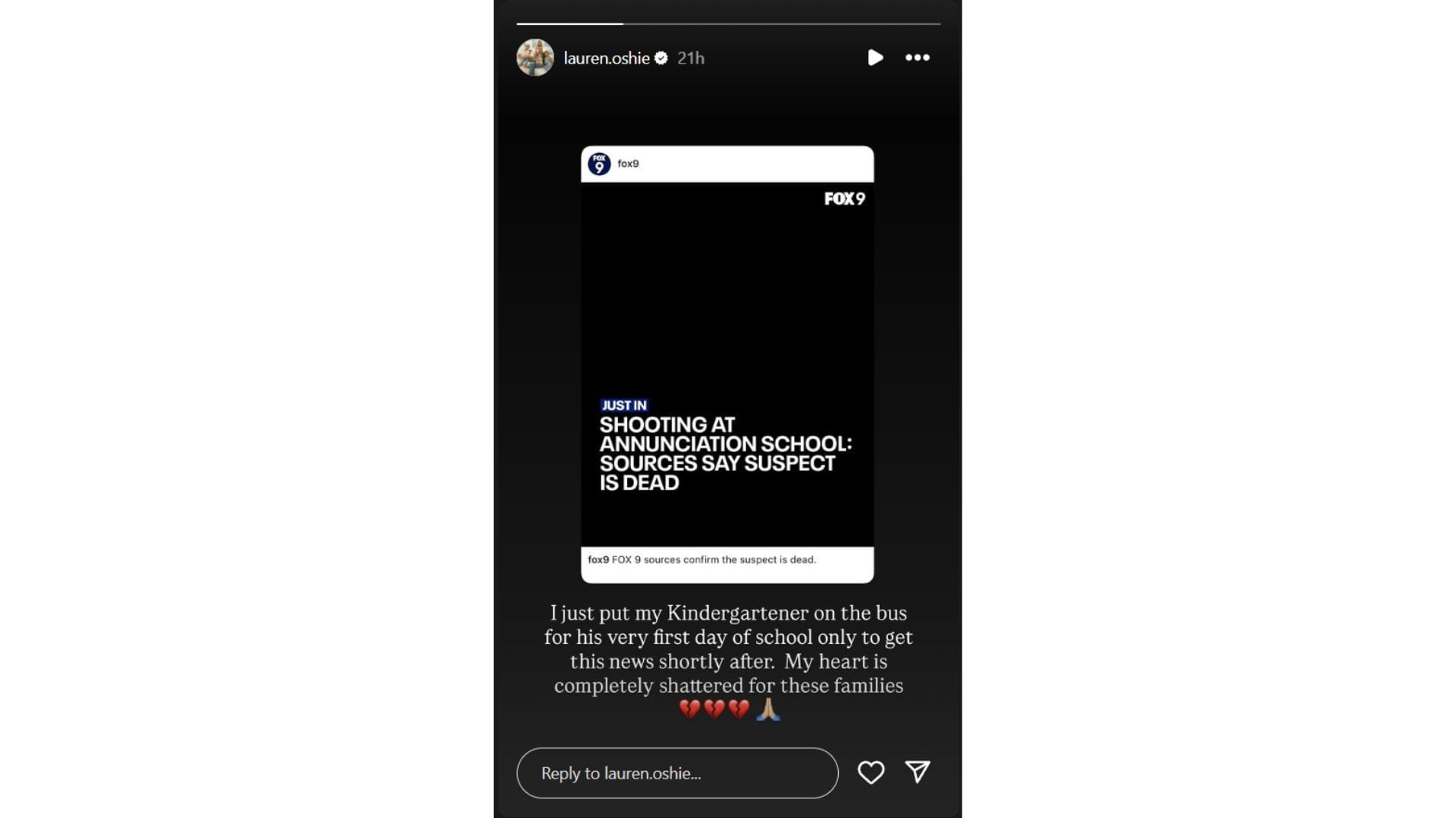 Lauren Oshie&#039;s Instagram Story featuring the news about the school shooting (Source: Instagram @lauren.oshie)