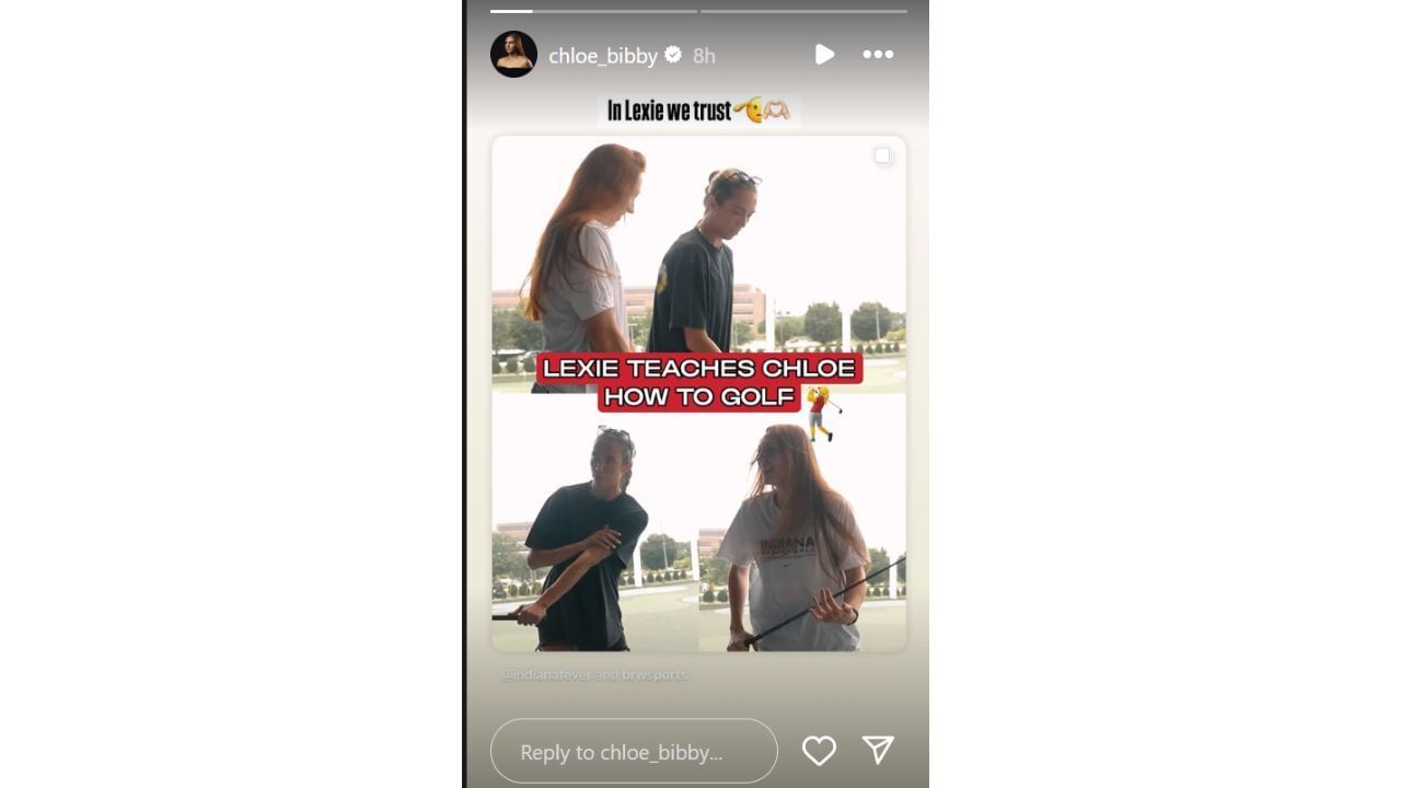 Chloe Bibby reacts to a clip of her and learning golf from Indiana Fever teammate Lexie Hull. [photo: @chloe_bibby/IG]