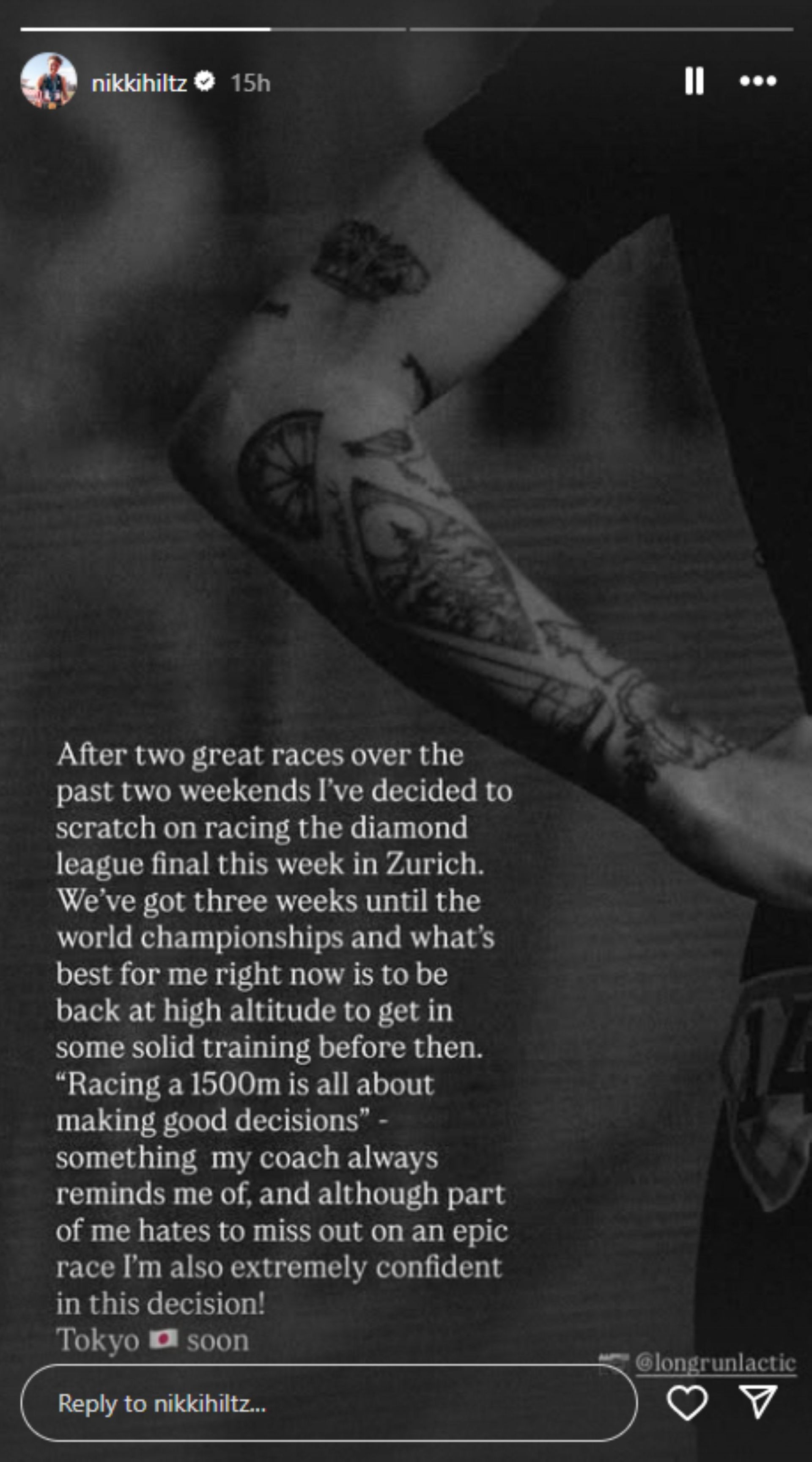Nikki Hiltz scratches Diamond League finals; Instagram - @nikkihiltz