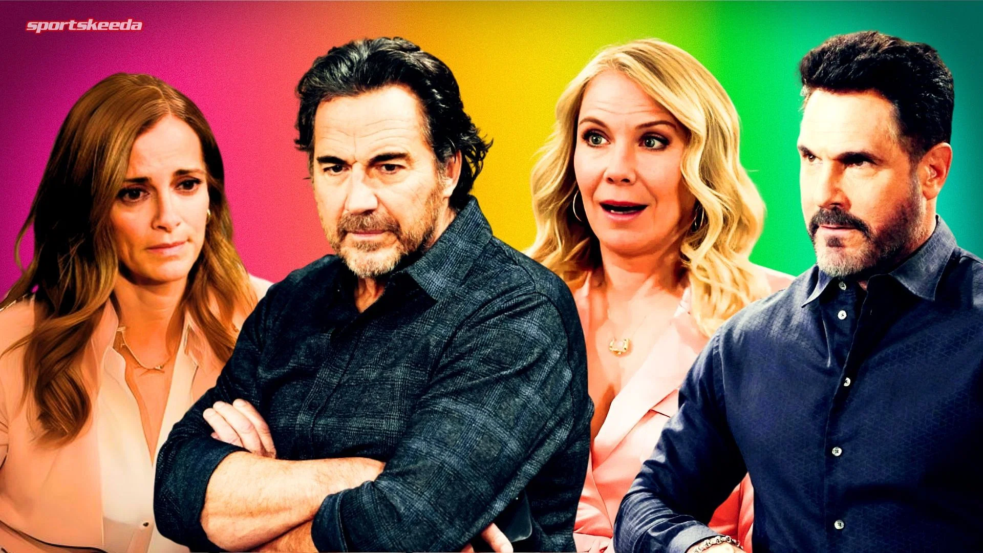 From left, Taylor, Ridge, Brooke and Bill on The Bold and the Beautiful (Custom edit by Sportskeeda, Original images via CBS Network)