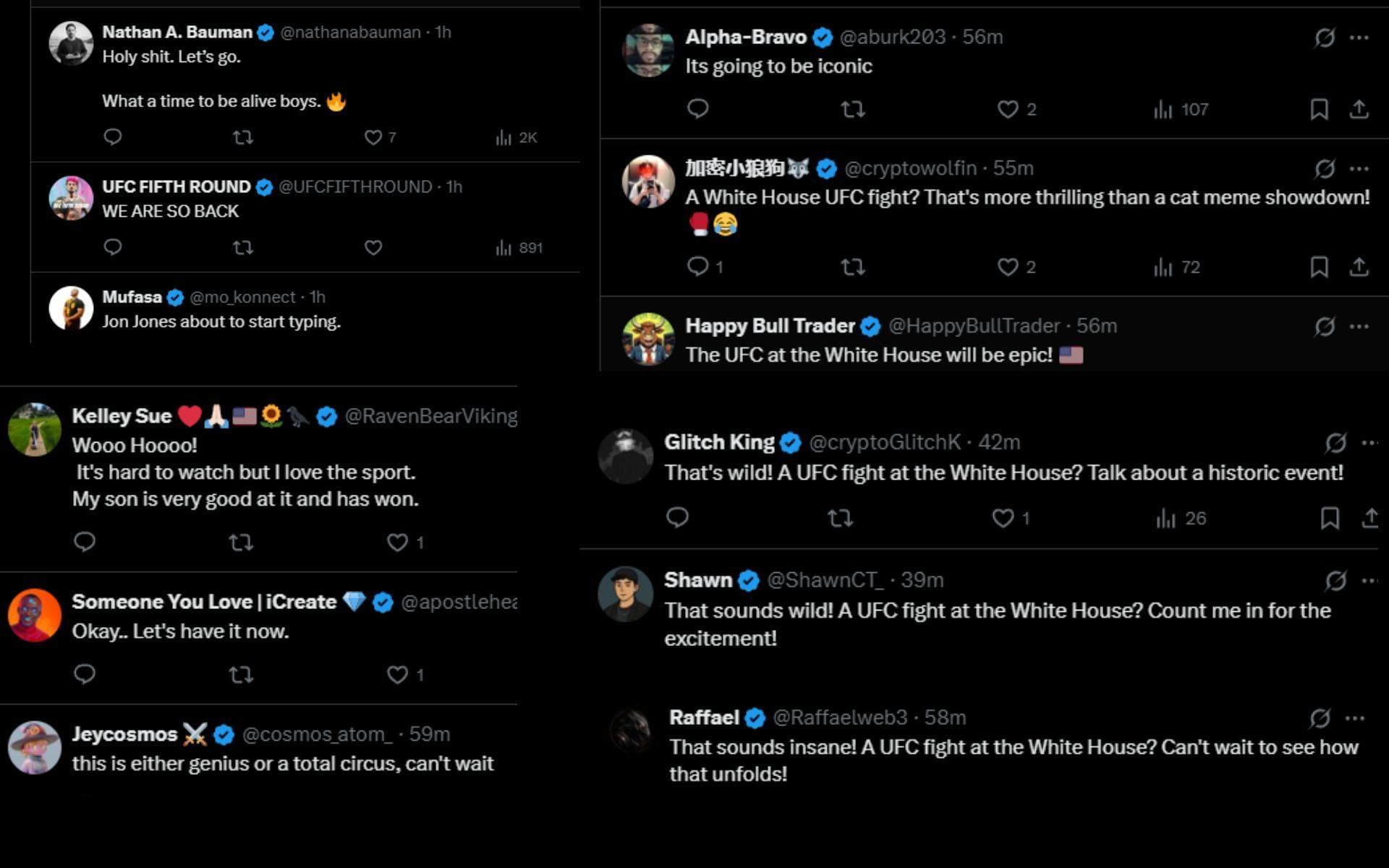 Fans react to Dana White announcing the UFC White House event is in the works. [Screenshots courtesy: @ChampRDS and @MarioNawfal on X]