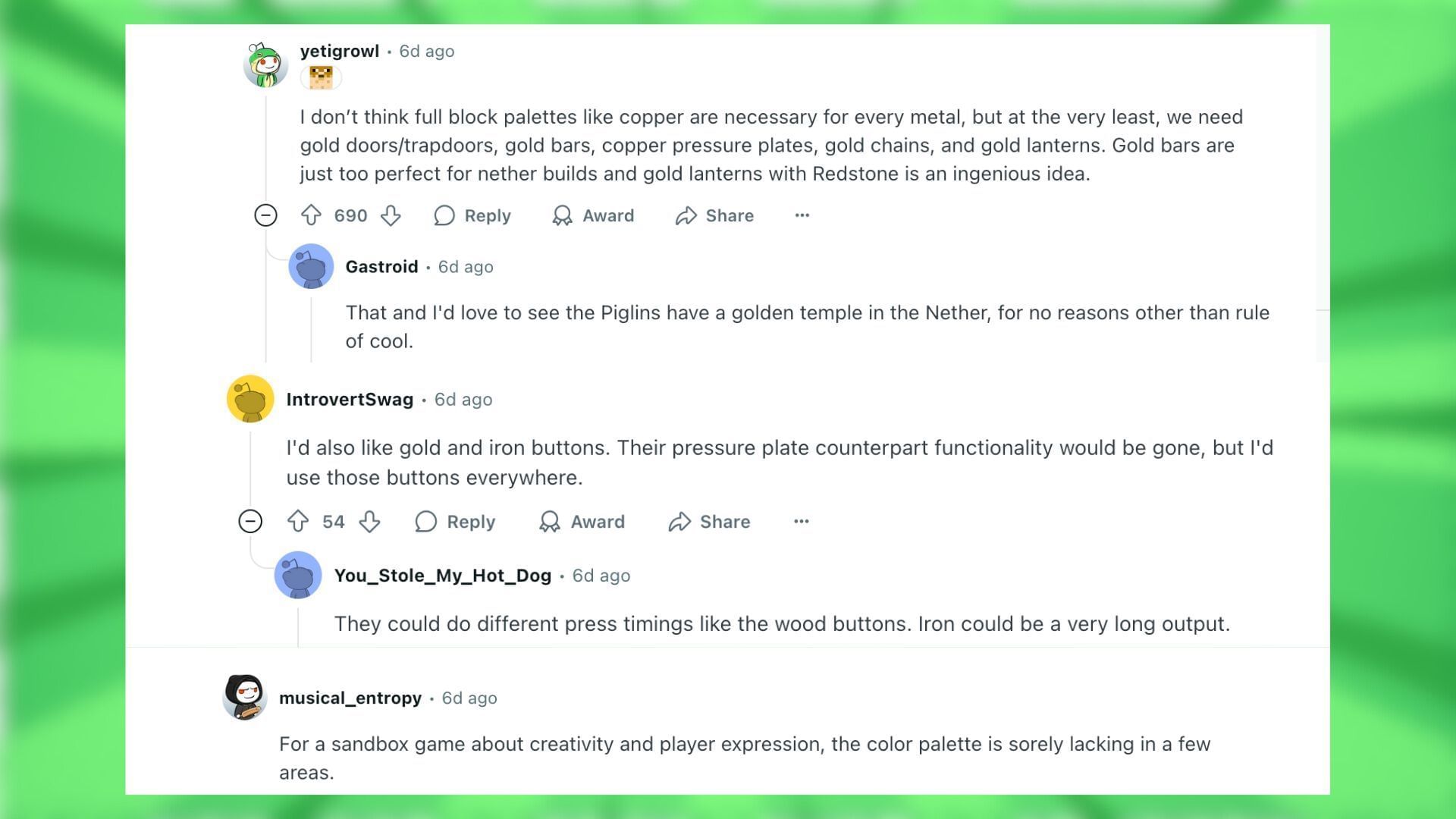 Redditors discuss the new items that can be added to the game (Image via Reddit)