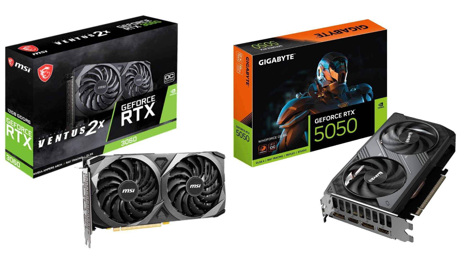 The RTX 3060 and RTX 5050 are some of the top choices among budget gamers (Image via Gigabyte and MSI)
