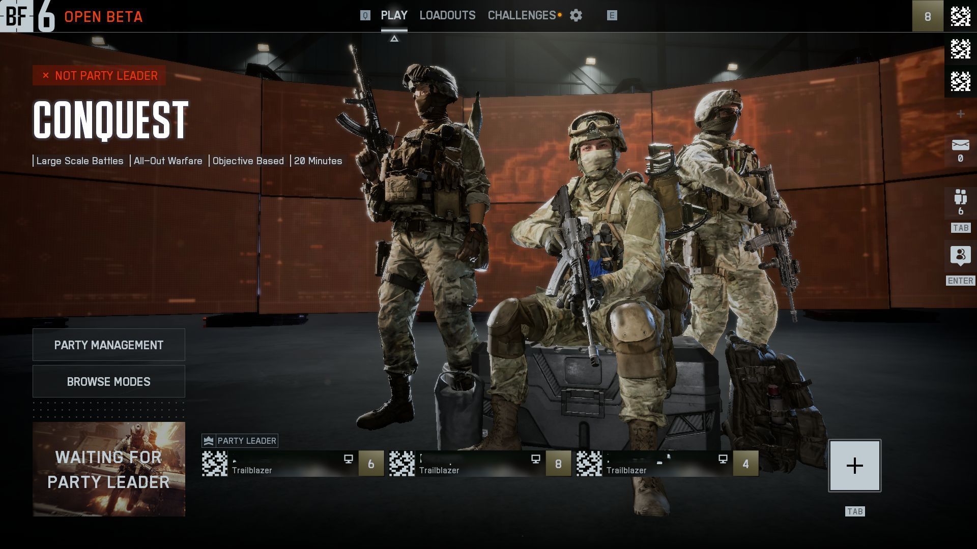Party Menu UI in Battlefield 6 Open Beta (Image via Sportskeeda Gaming || EA)