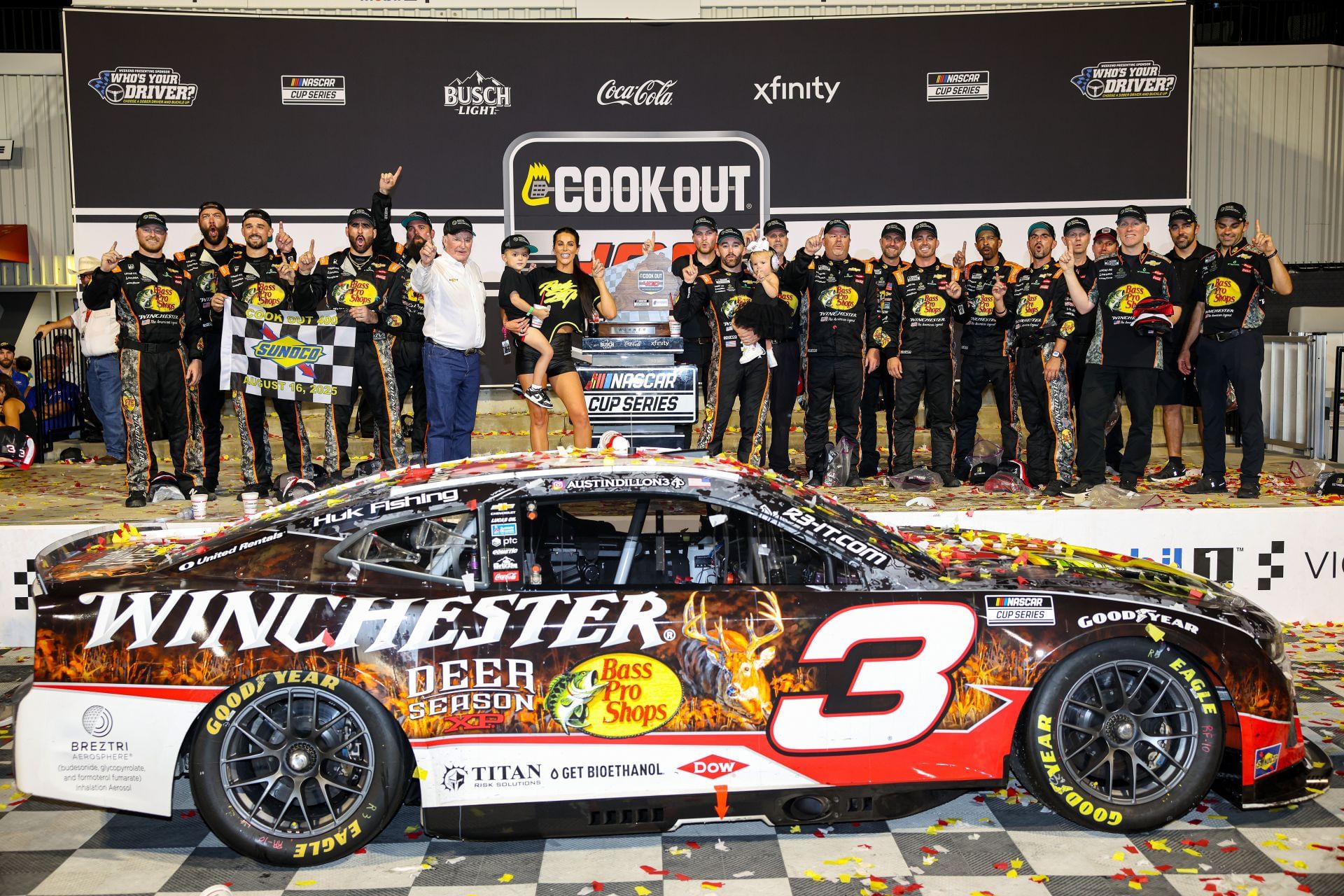 Austin Dillon celebrates with his son, Ace R.C Dillon, wife, Whitney Dillon, and RCR team owner and his grandfather Richard Childress at Richmond Raceway. Source: Getty