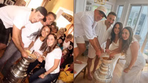 Brad Marchand and siblings recreate eating Cinnamon Toast Crunch out of Stanley Cup photo from 2011 during BM63 Cup Party