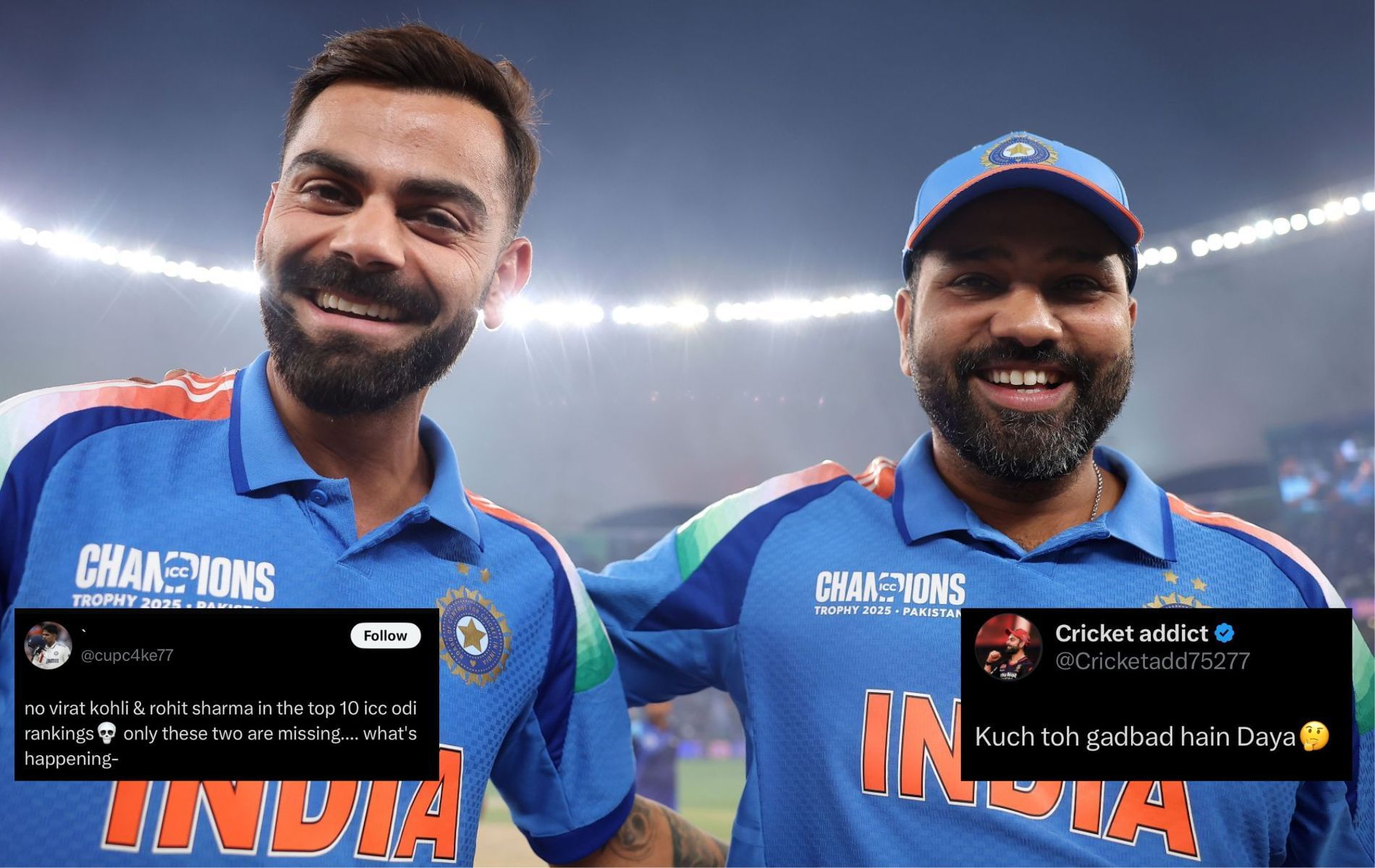 Rohit Sharma and Virat Kohli were at No. 2 and No. 4, respectively in ICC ODI rankings for batters last week. (Pics: Getty Images/X/@Cricketadd75277/@cupc4ke77). 