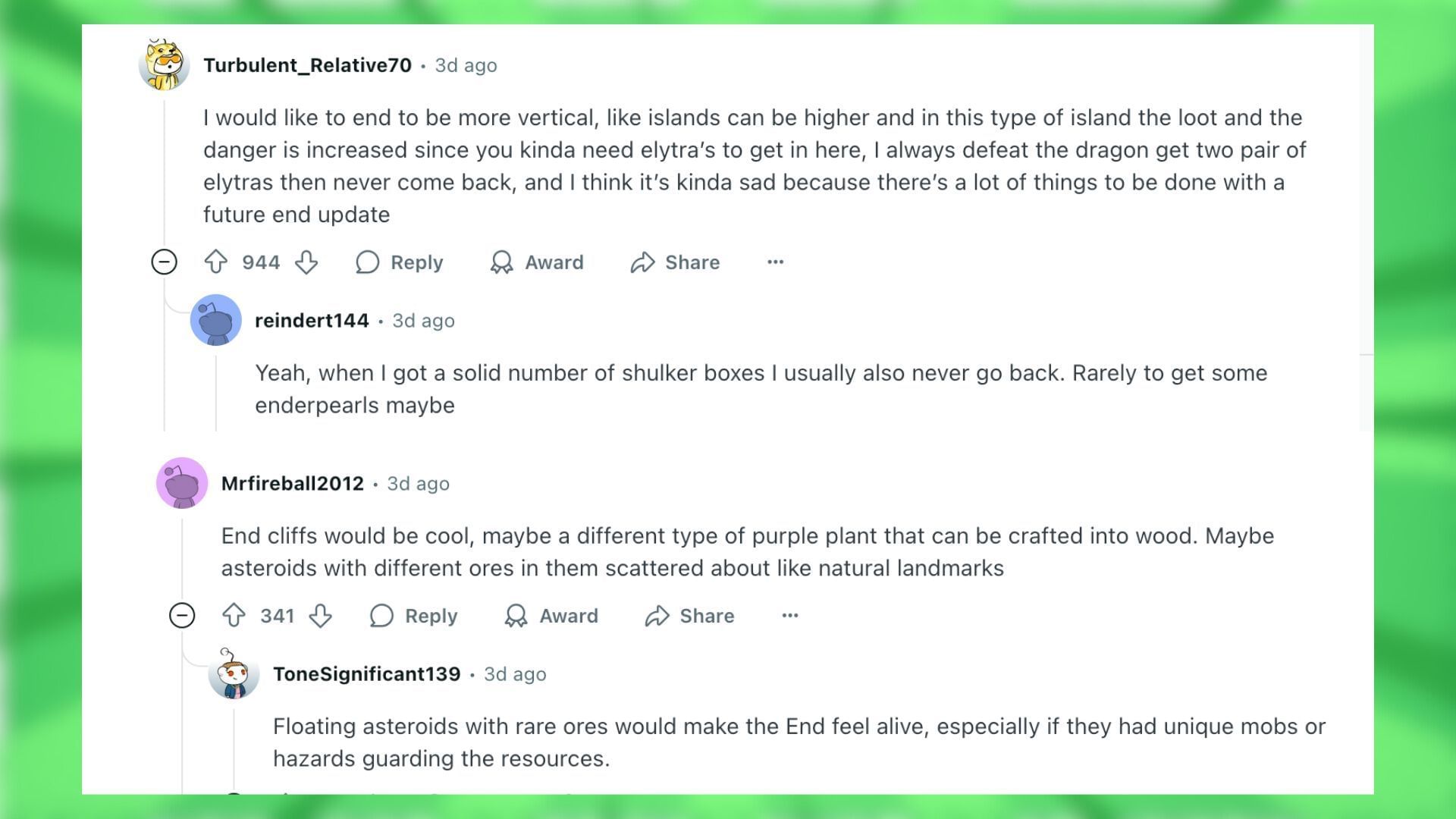 Redditors talk about what the End update should bring to Minecraft (Image via Reddit)