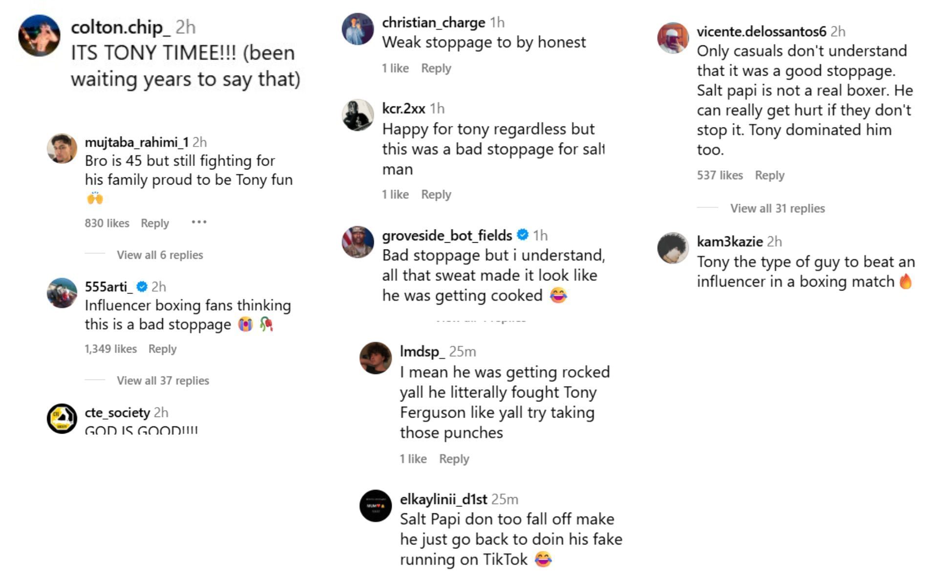 Fans react to Tony Ferguson&#039;s win over &#039;Salt Papi&#039;. [Screenshots courtesy: @mf_daznxseries on Instagram]