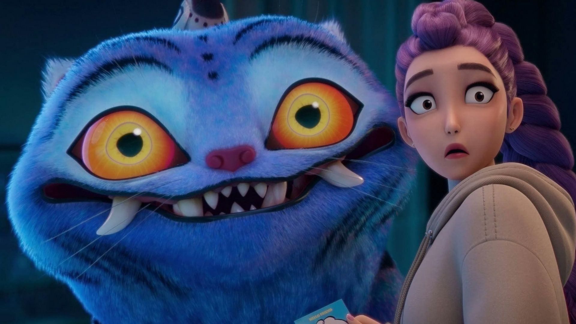 Rumi from Kpop Demon Hunters looks shocked while a wide-eyed blue creature grins beside her.